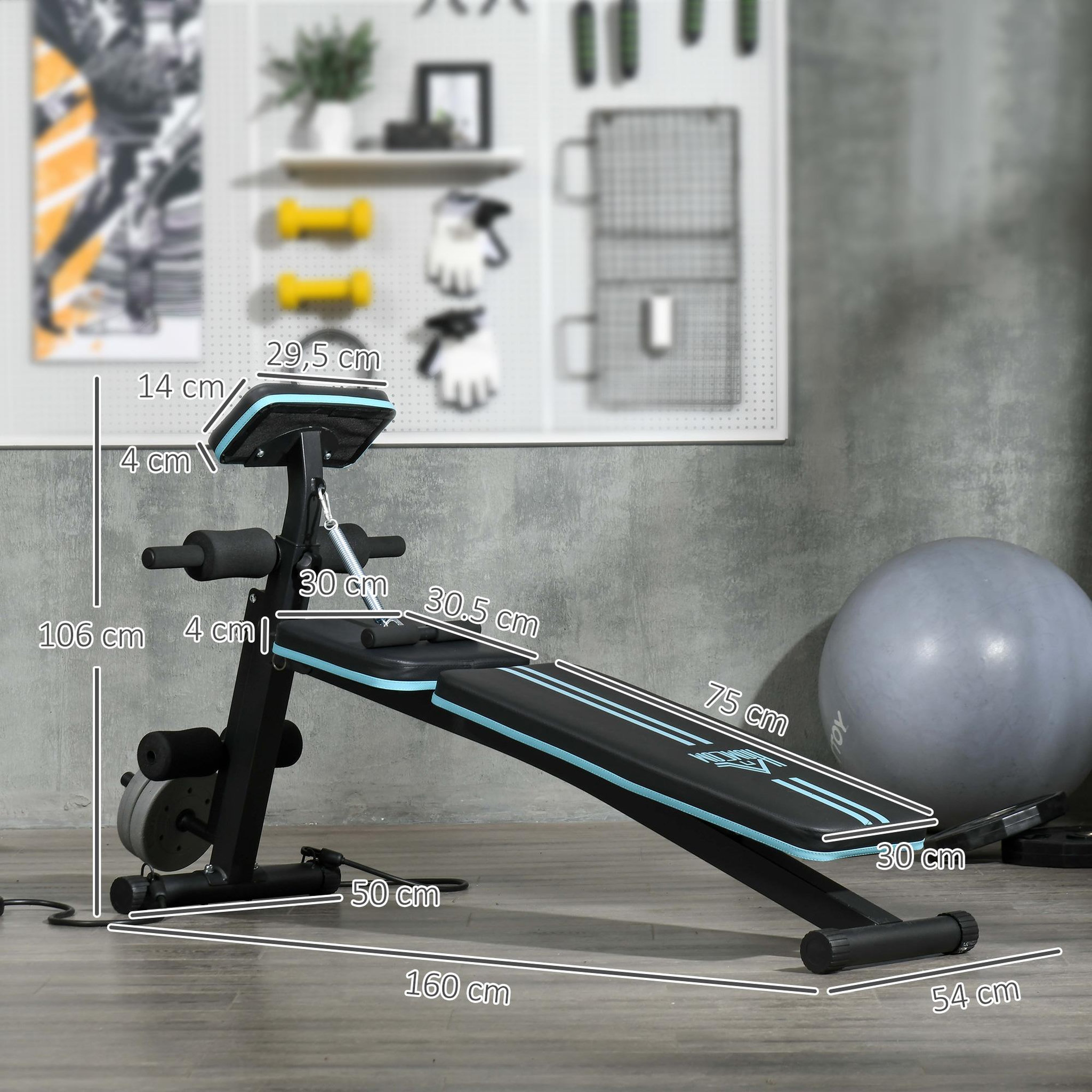 Voir la diapositive 3 : HOMCOM Banc de musculation pliable inclinable réglable sangles élastiques + support haltères inclus acier noir bleu