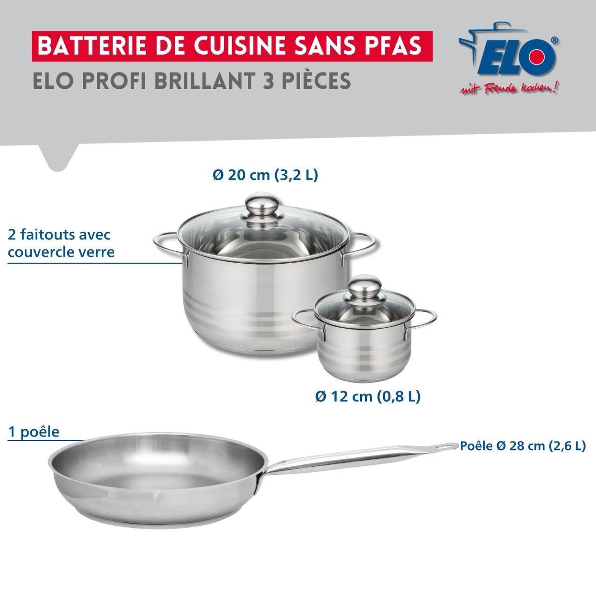 Voir la diapositive 2 : ELO Ensemble de 1 poêle de cuisson 28 cm et 2 faitouts 12 et 20 cm elo profi brillant