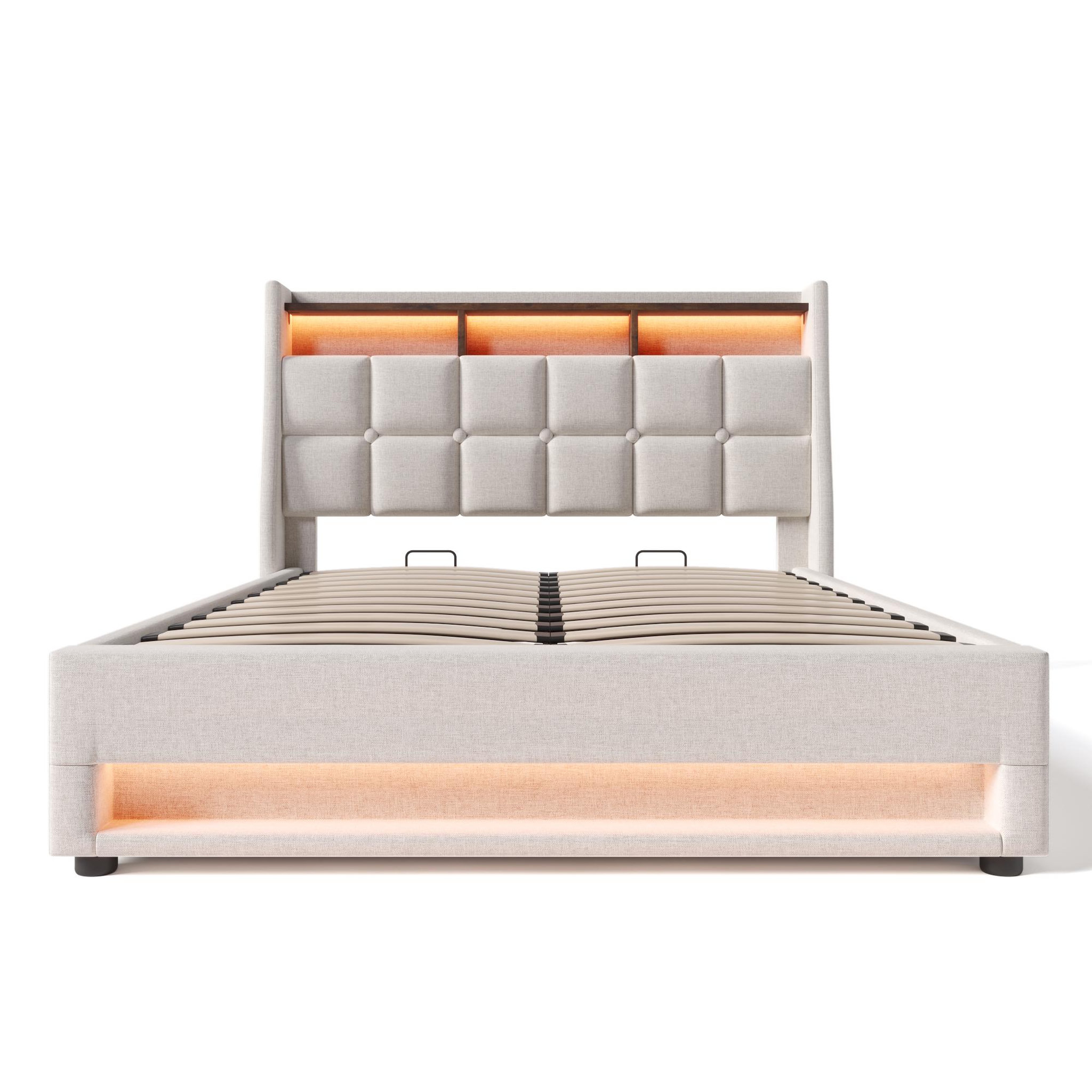 Voir la diapositive 5 : MERAX Lit coffre avec USB et LED Lin gris
