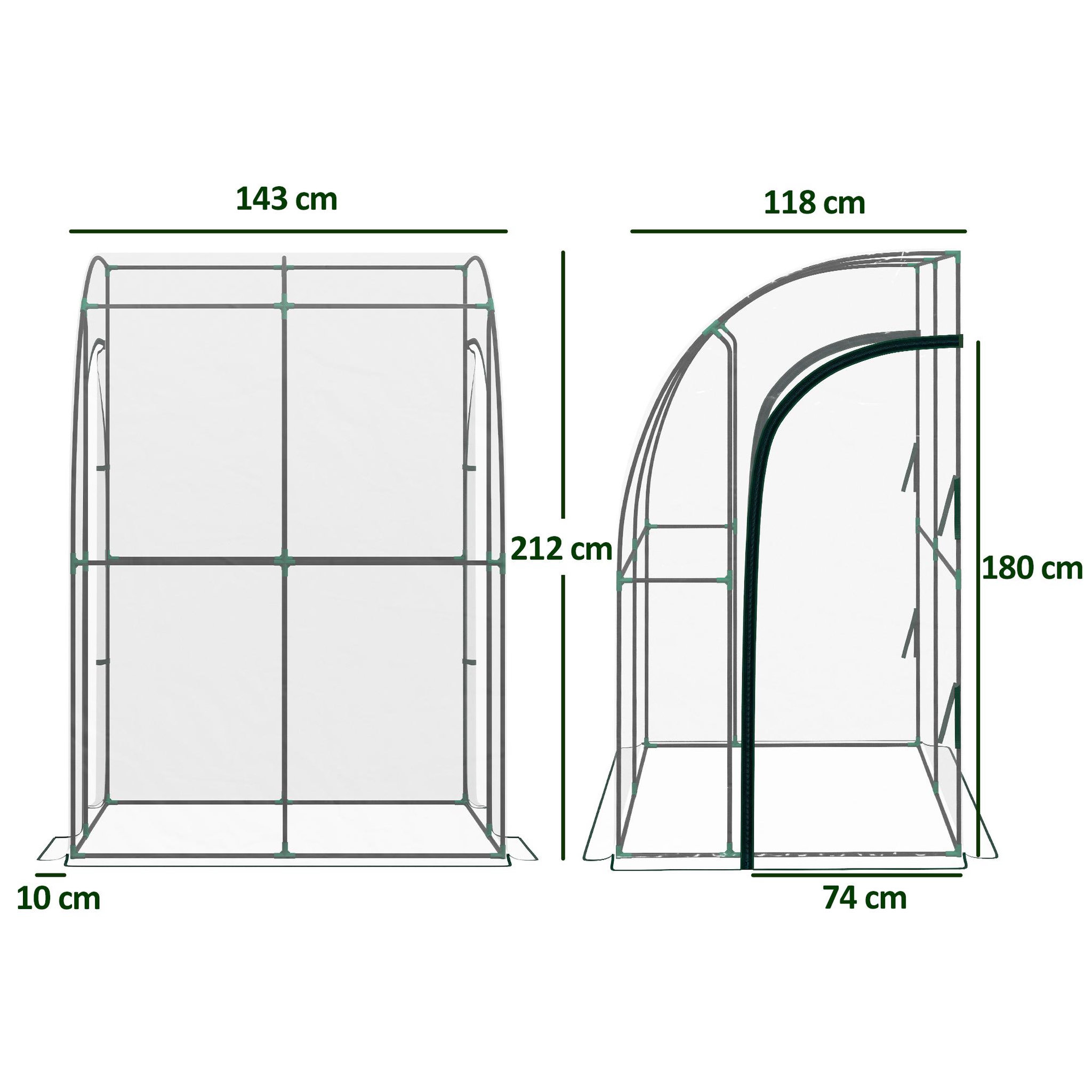 Voir la diapositive 3 : OUTSUNNY Serre de jardin adossée serre adossée dim. 1,43l x 1,18l x 2,12h m 2 portes zippées enroulables acier pvc transparent