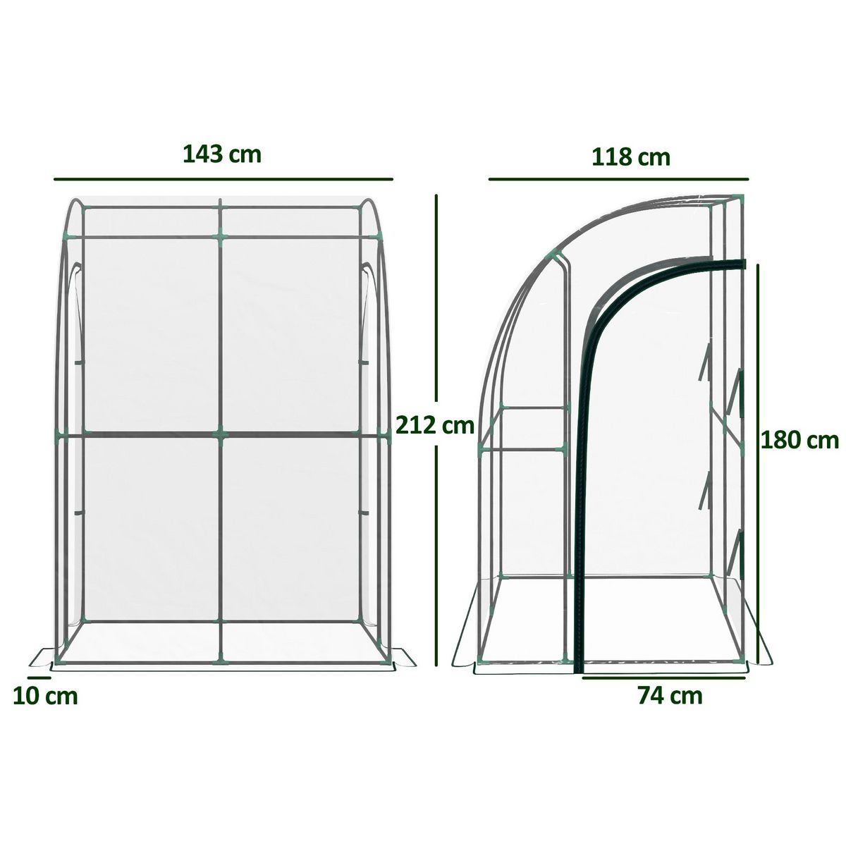 OUTSUNNY Serre de jardin adossée serre adossée dim. 1,43L x 1,18l x 2,12H m 2 portes zippées enroulables acier PVC transparent