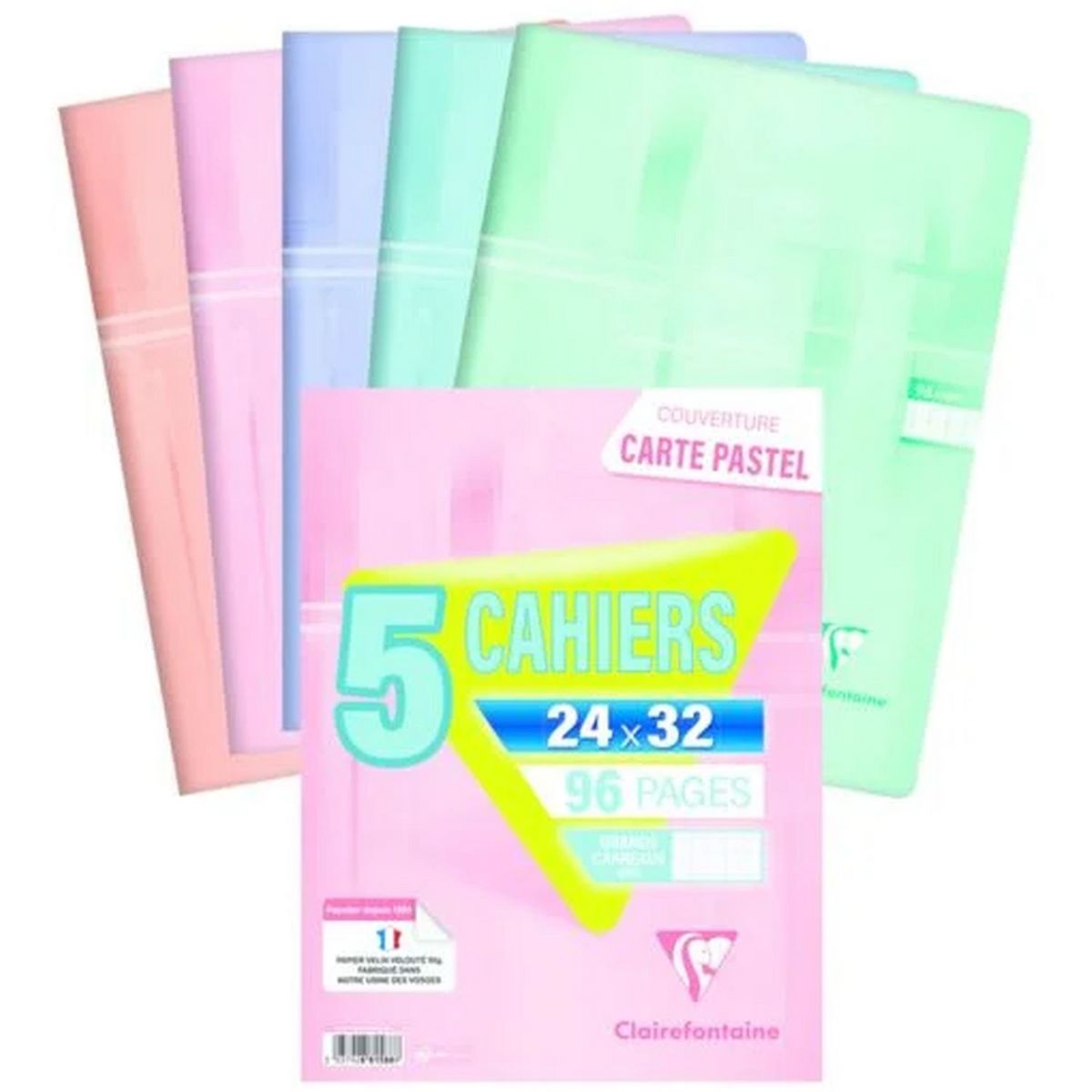 CLAIREFONTAINE Lot de 5 cahiers piqués 24x32 cm 96 pages grands carreaux seyes pastel clair