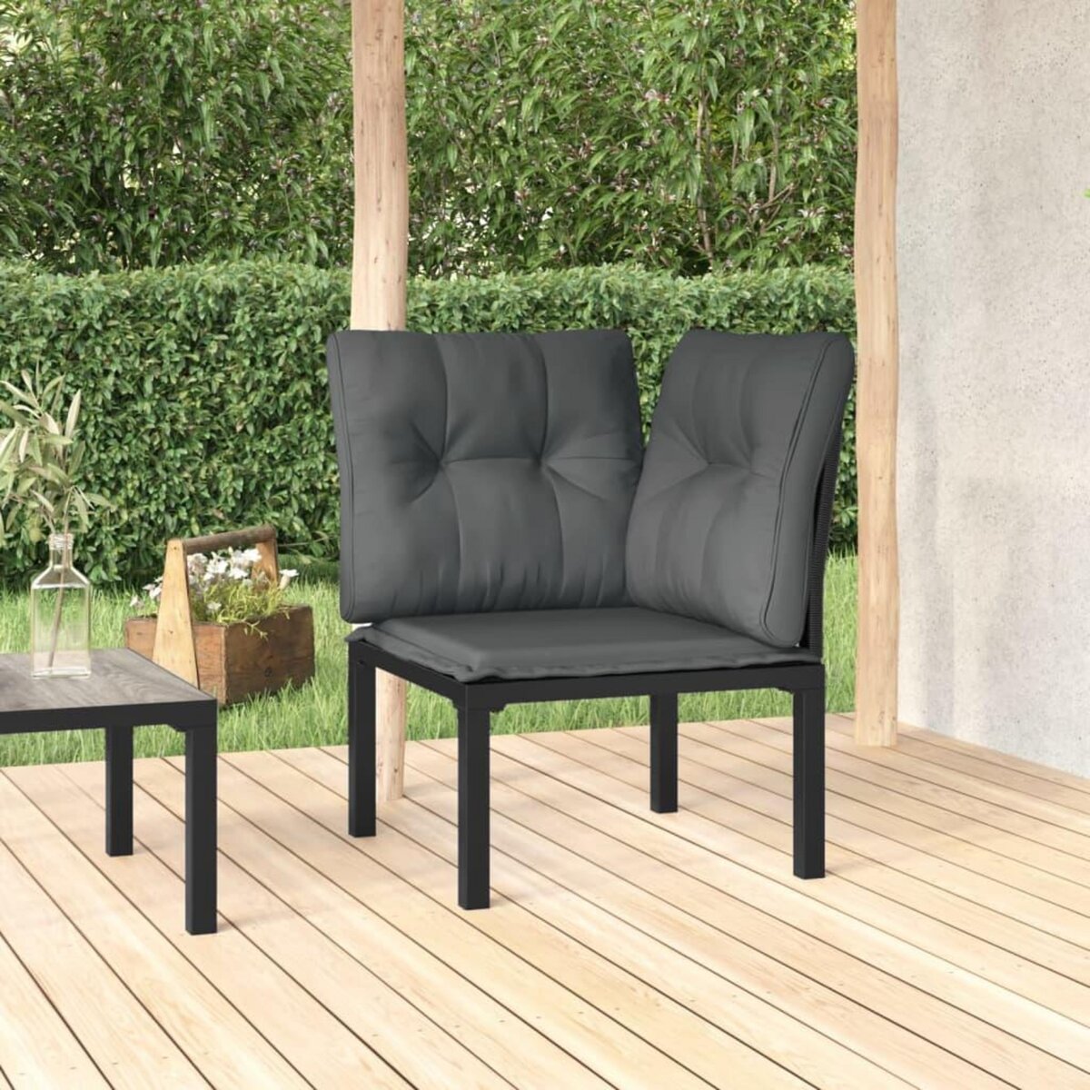 VIDAXL Chaise d'angle de jardin avec coussins noir/gris resine tressee