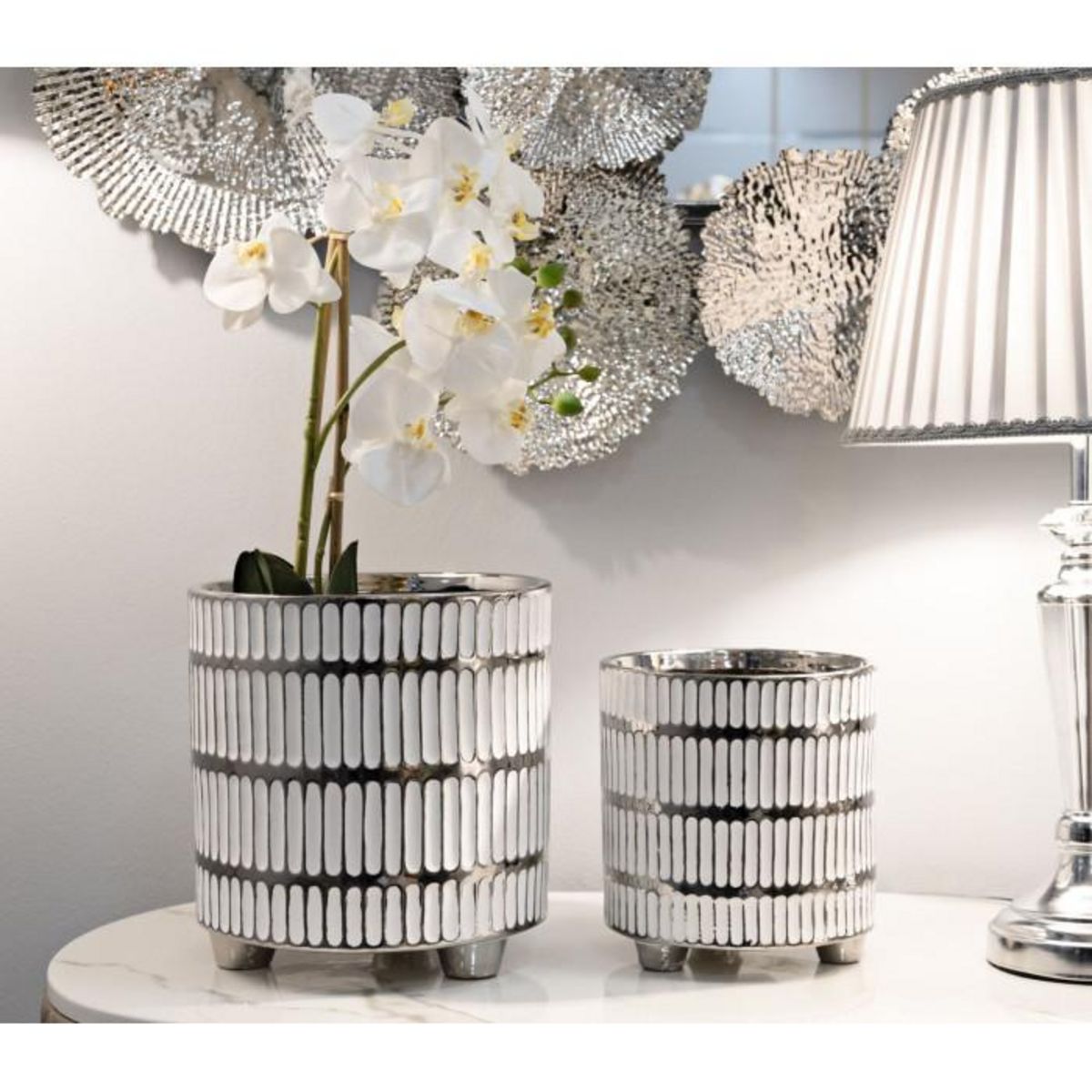 Paris Prix Lot de 2 Vases en Céramique  Ray  24cm Blanc & Argent