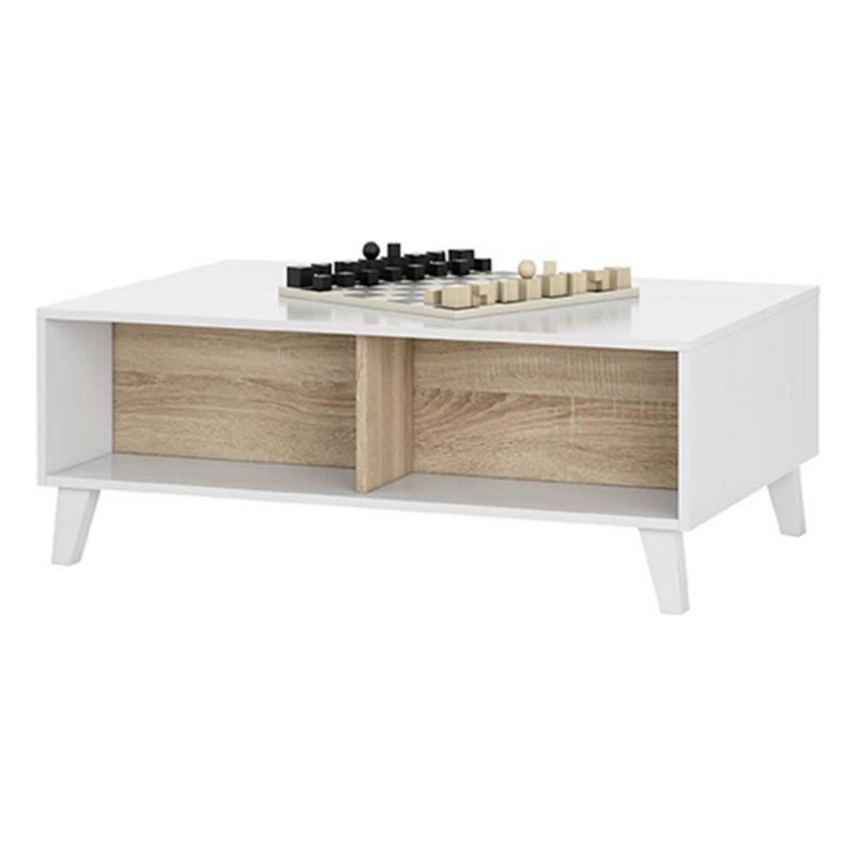 Table basse avec plateau central relevable ZAI, blanc brillant et chêne