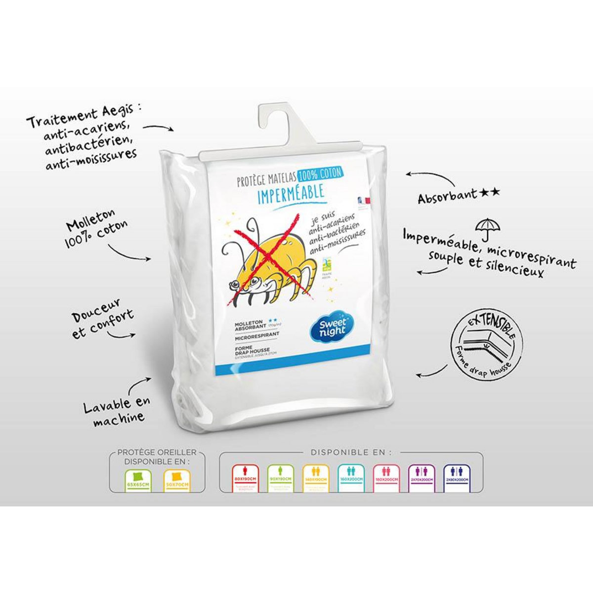 Sweetnight Protège matelas coton imperméable anti acariens QUALITE PLUS