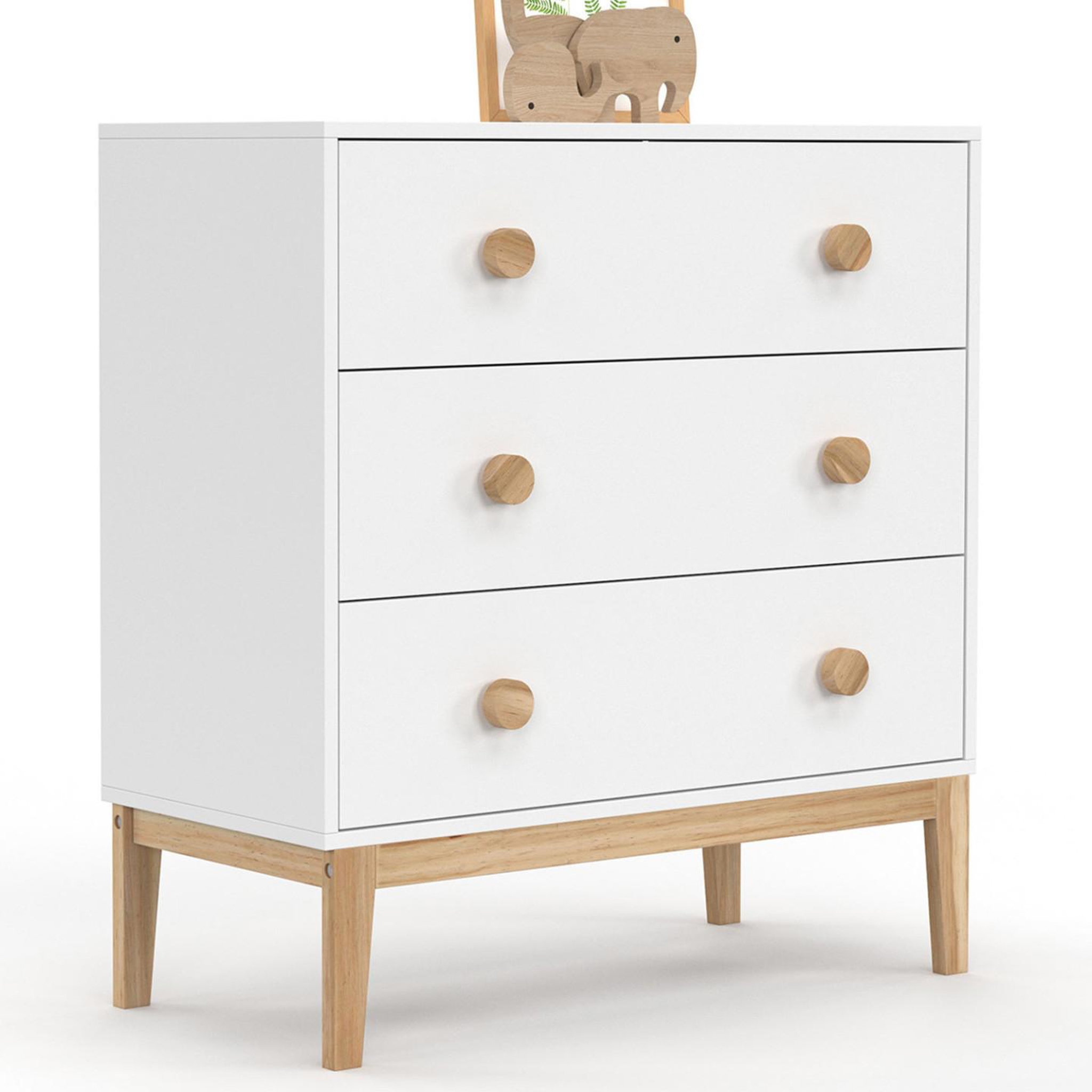ID MARKET Commode 3 tiroirs jacob 80 cm enfant blanc et bois