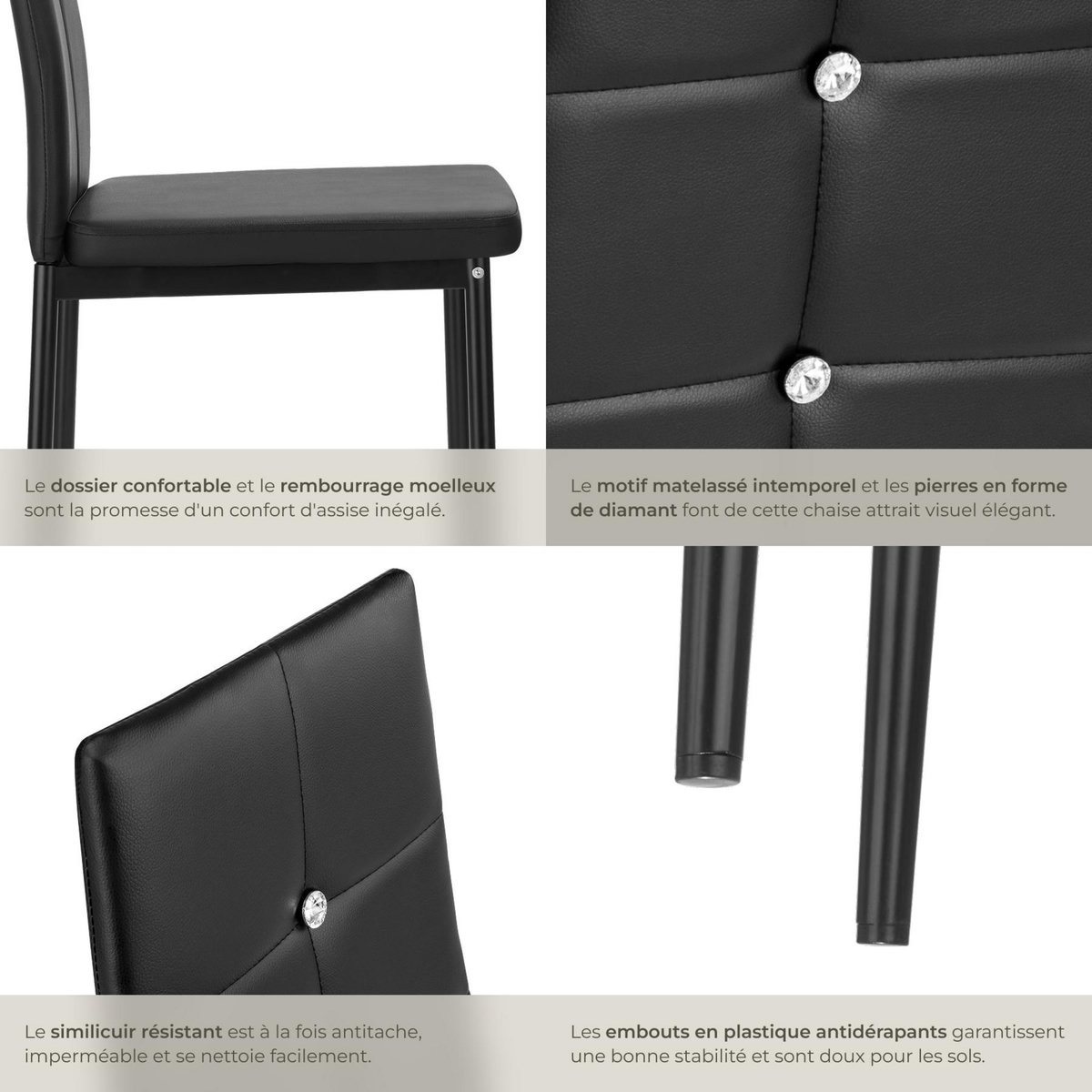 tectake Ensemble de chaises de salle à manger rembourré avec revêtement aspect cuir noir Lot de 4