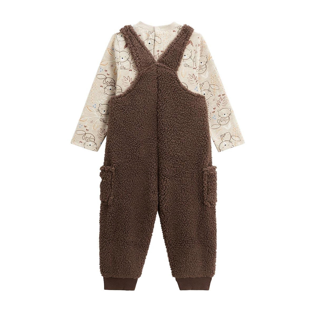 Petit Béguin Ensemble salopette bébé en sherpa et t-shirt Cracotte