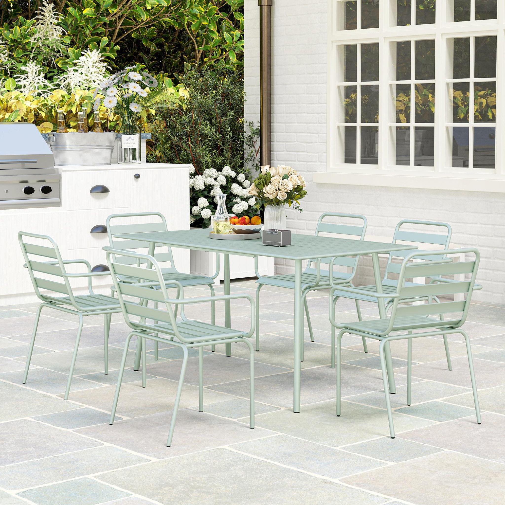 Voir la diapositive 4 : OUTSUNNY Salon de jardin 6 places 7 pièces - table à manger 6 chaises empilables - acier thermolaqué verre d'eau