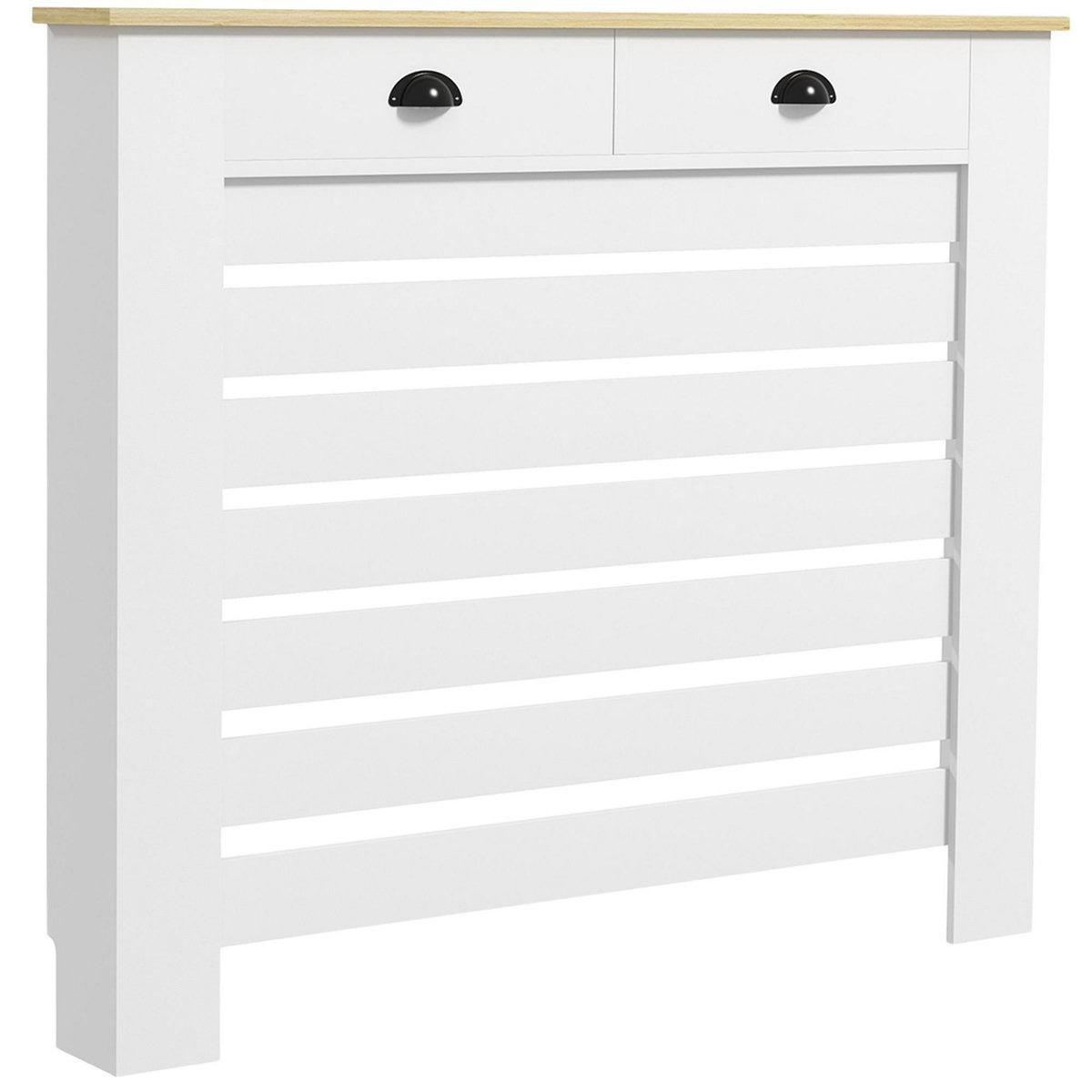 HOMCOM Cache-radiateur design panneau avec tiroirs - grille d'aération horizontale à lattes - dim. 111L x 19l x 95H cm - MDF effet bois clair blanc