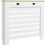 HOMCOM Cache-radiateur design panneau avec tiroirs - grille d'aération horizontale à lattes - dim. 111L x 19l x 95H cm - MDF effet bois clair blanc