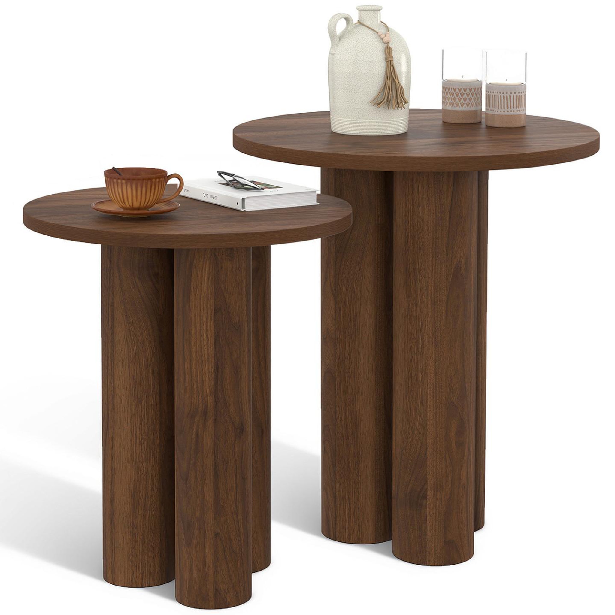 ID MARKET Lot de 2 tables d'appoint rondes, bouts de canapé, tables de chevet eloise 35/40 cm bois effet noyer