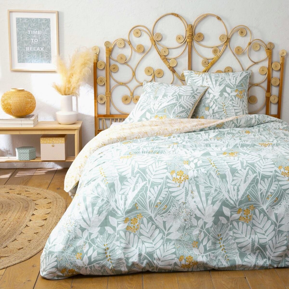 FUTURE HOME Parure de lit 2 personnes en coton 57 fils imprimé bleu