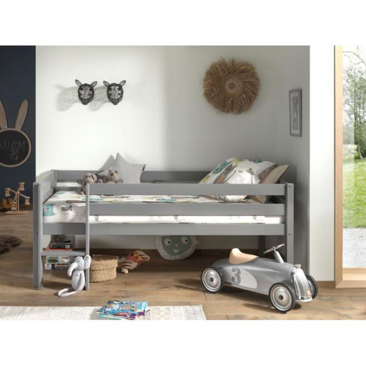 Paris Prix Lit Enfant Surélevé & Échelle  Pino  90x200cm Gris