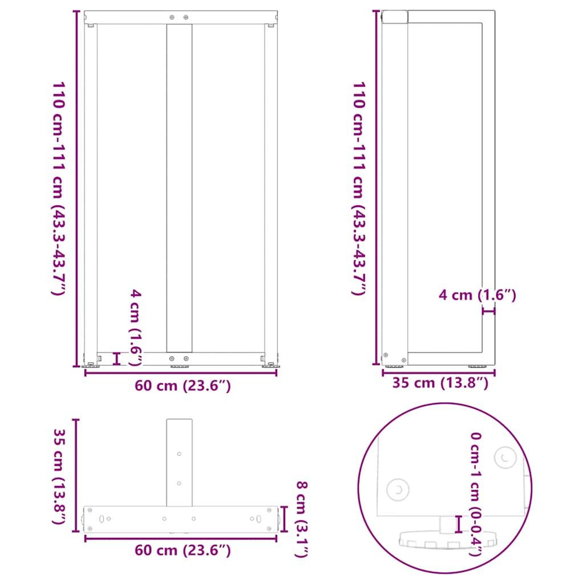 Voir la diapositive 6 : VIDAXL Pieds de table de bar forme de T 2 pcs blanc 60x35x(110-111) cm