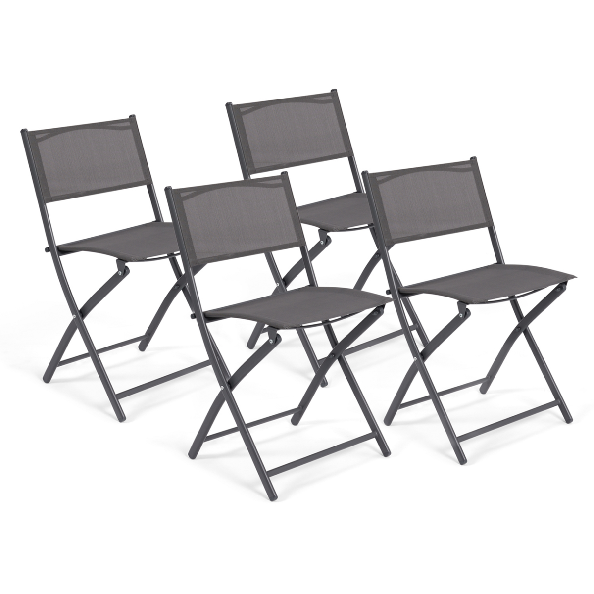 ID MARKET Lot de 4 chaises de jardin pliantes BASTIA métal et textilène gris anthracite