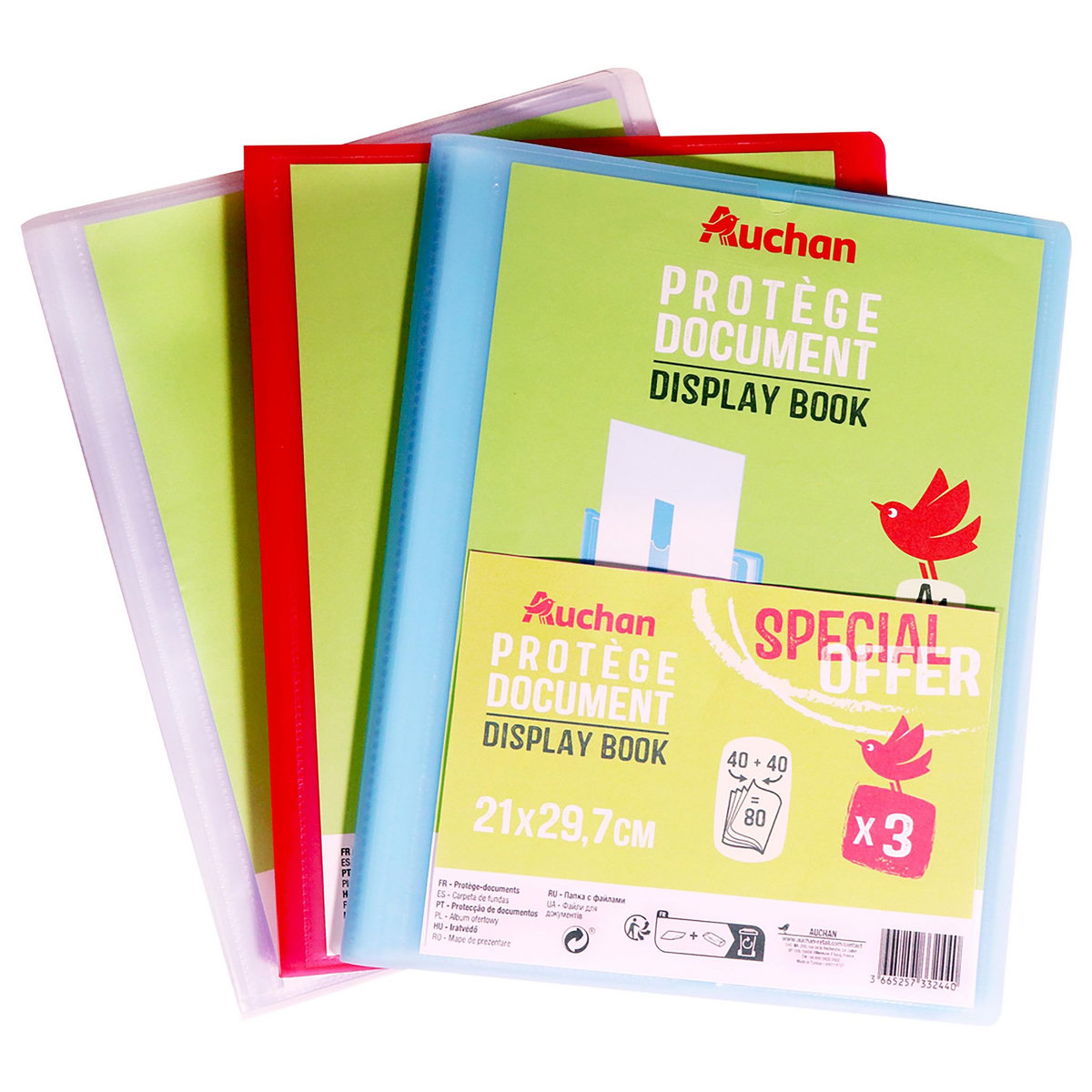 AUCHAN Lot de 3 protège-documents A4 souples 80 vues Polypro