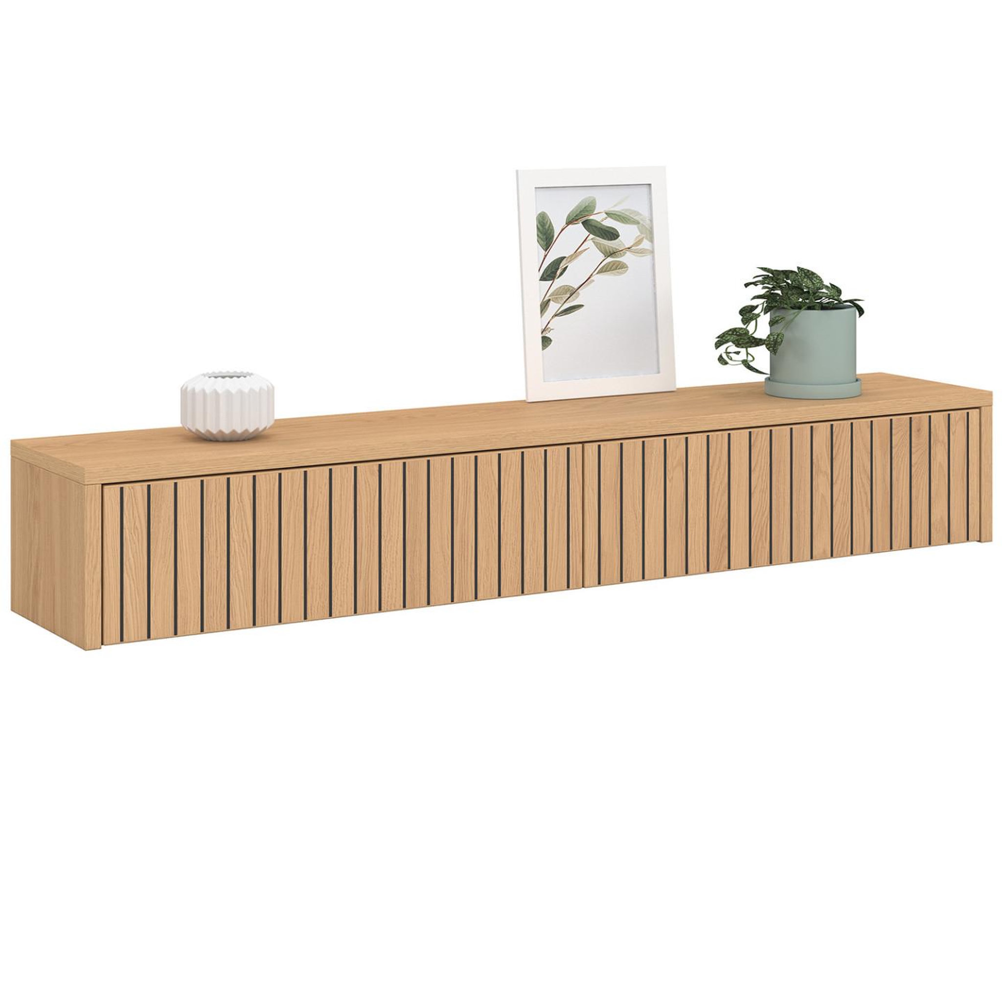 ID MARKET Etagère murale console d'entrée juliette 2 tiroirs effet lattes tasseau bois coloris chêne