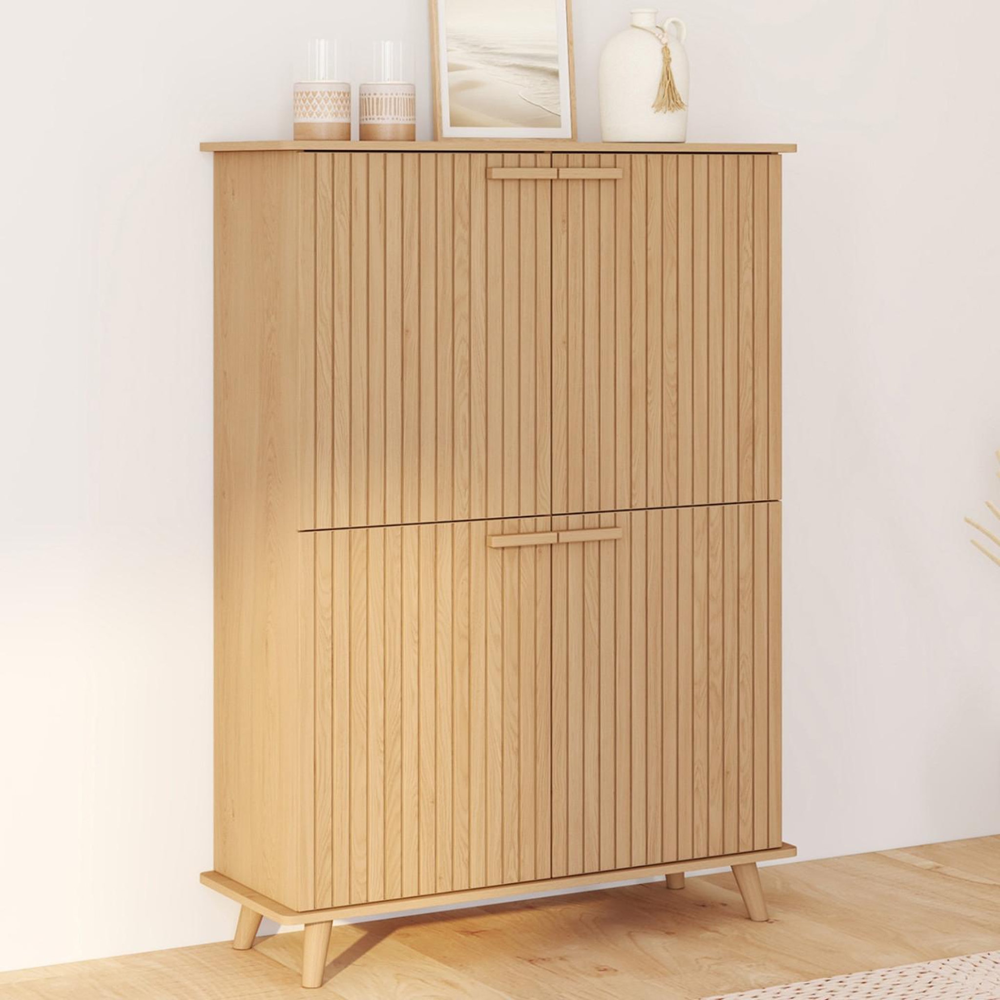 Voir la diapositive 2 : ID MARKET Meuble de rangement 4 portes juliette effet lattes tasseau bois coloris chêne