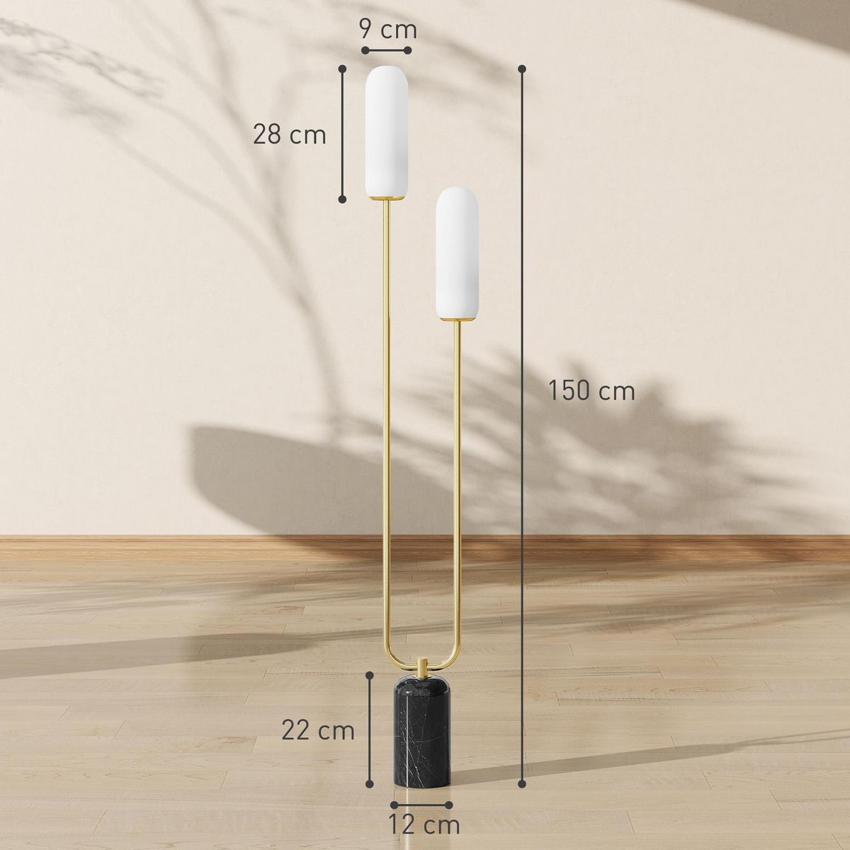 HOMCOM Lampadaire design art déco H.150 cm effet marbre noir métal doré verre dépoli blanc
