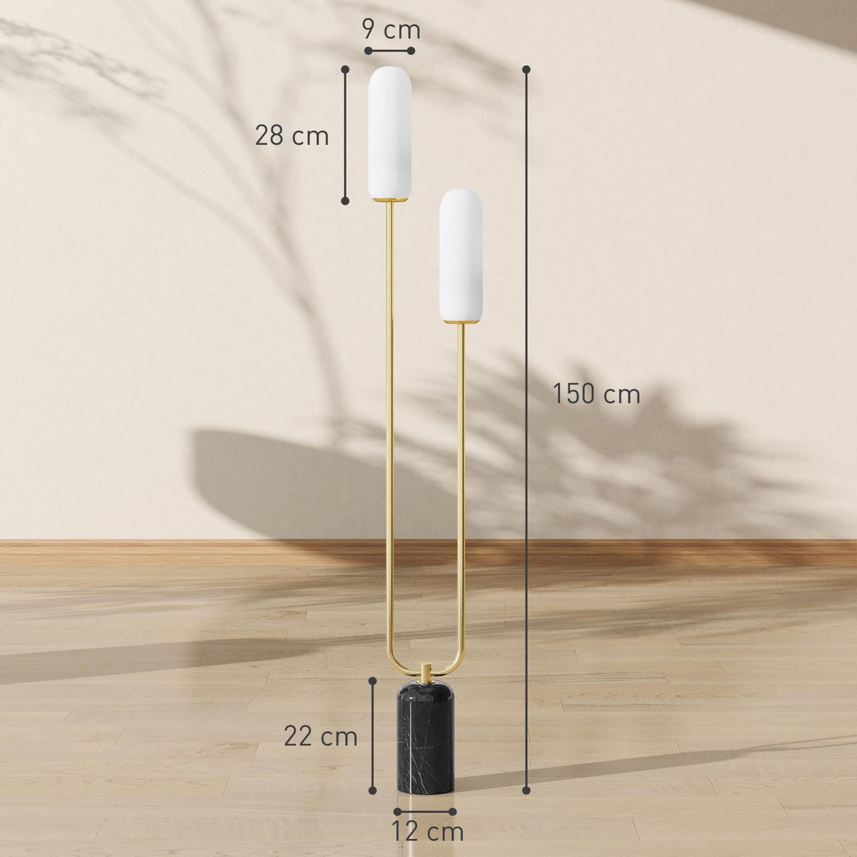 HOMCOM Lampadaire design art déco H.150 cm effet marbre noir métal doré verre dépoli blanc