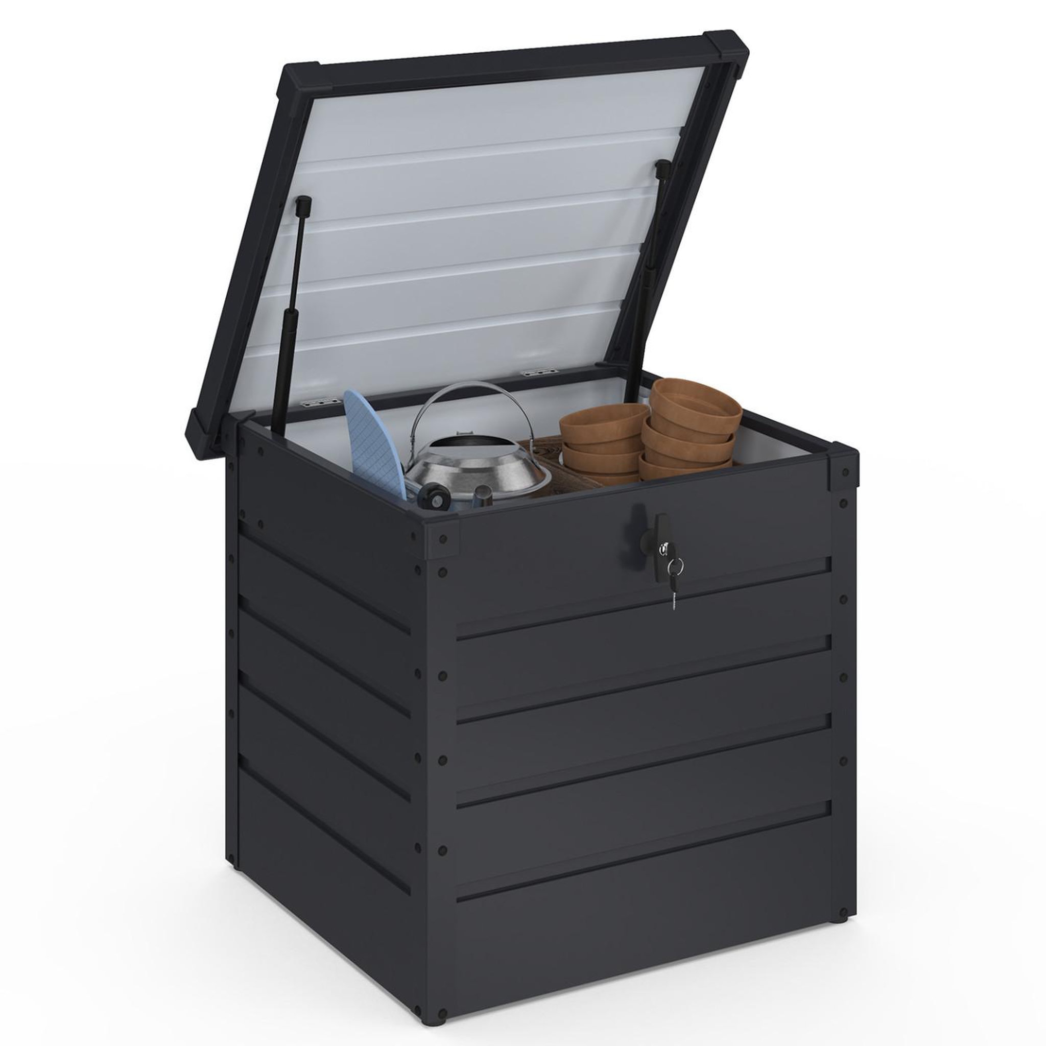ID MARKET Coffre de rangement métal verrouillable gris anthracite pour jardin 200l 68x62,5x63 cm