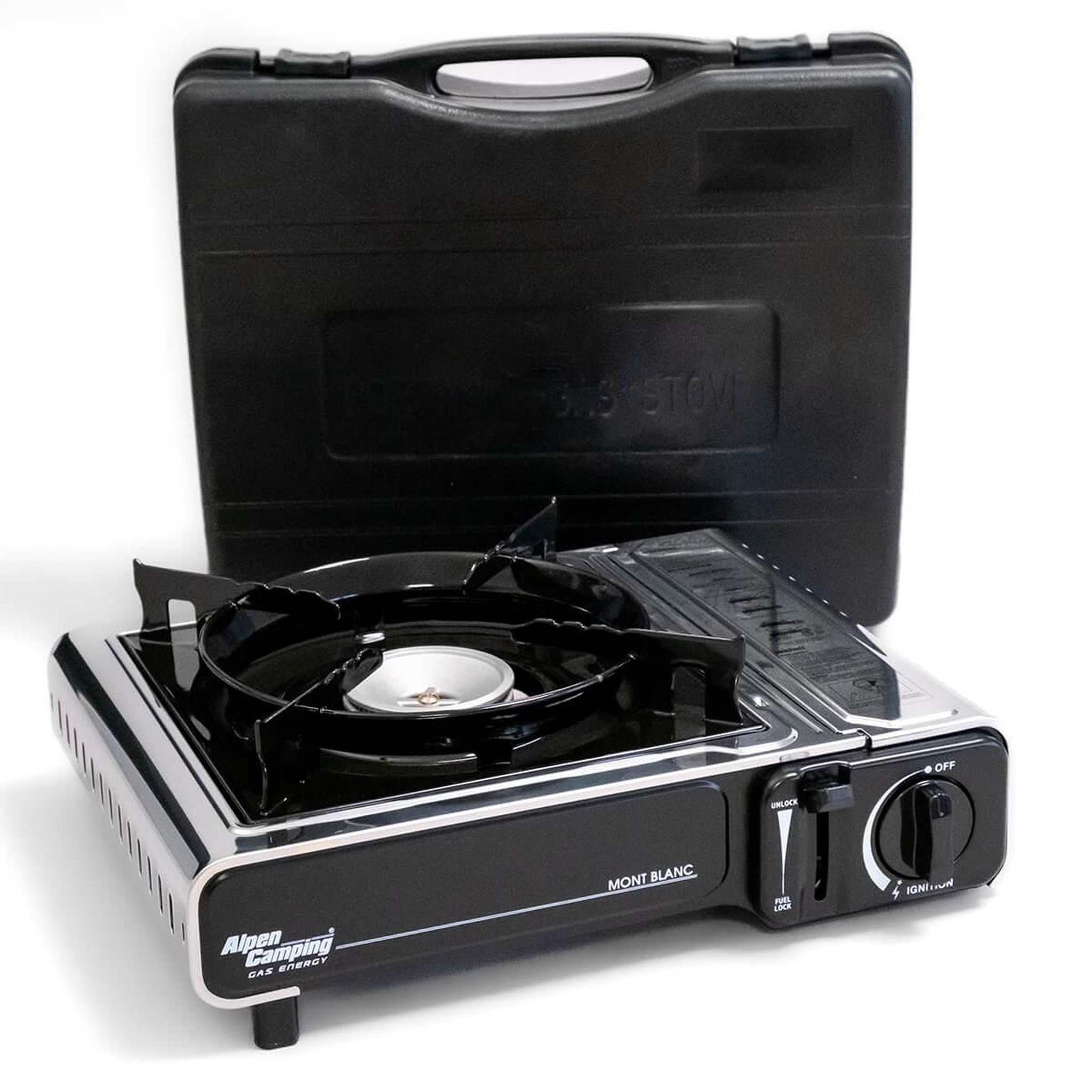 Voir la diapositive 2 : ALPENTECH Réchaud à gaz INOX 2200W MONT BLANC + 12 Cartouches de gaz Camping ALPEN