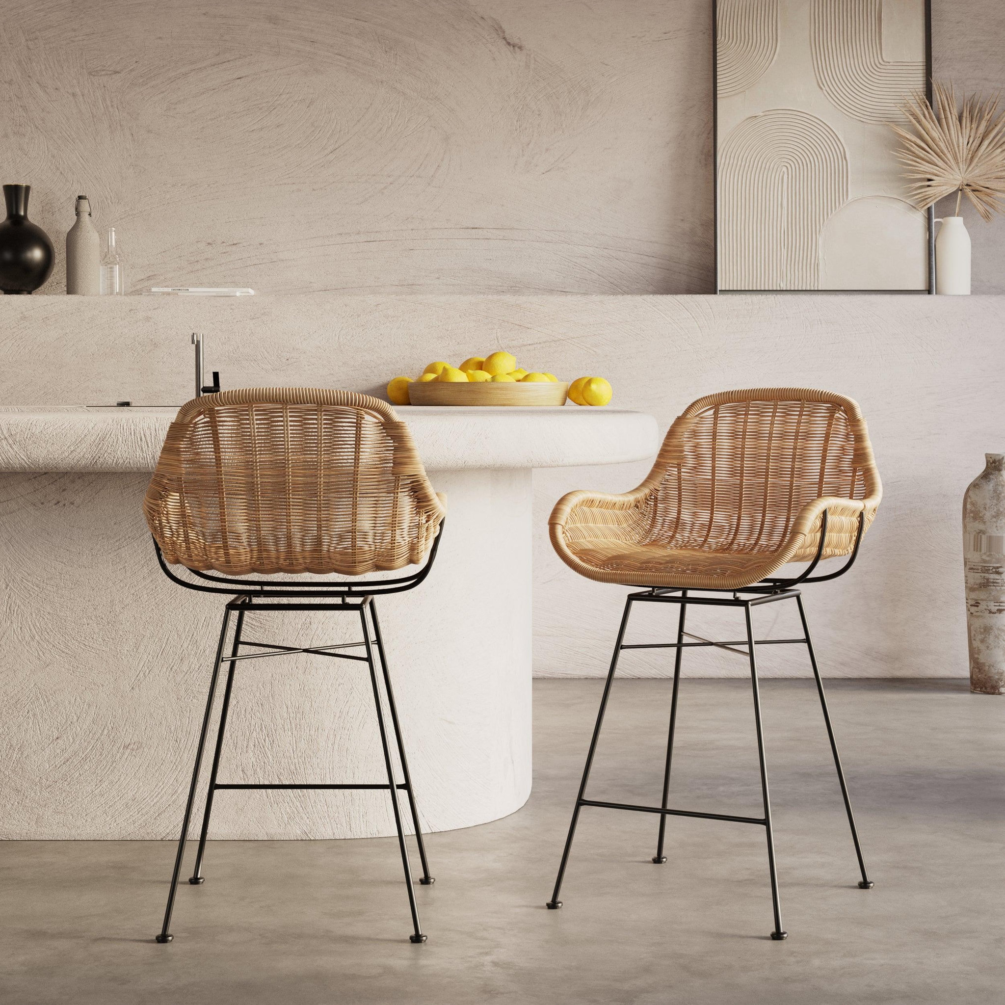 Voir la diapositive 2 : MAISON PAVANE Lot de 2 chaises pour îlot central 65 cm en résine tressée naturelle-carmela