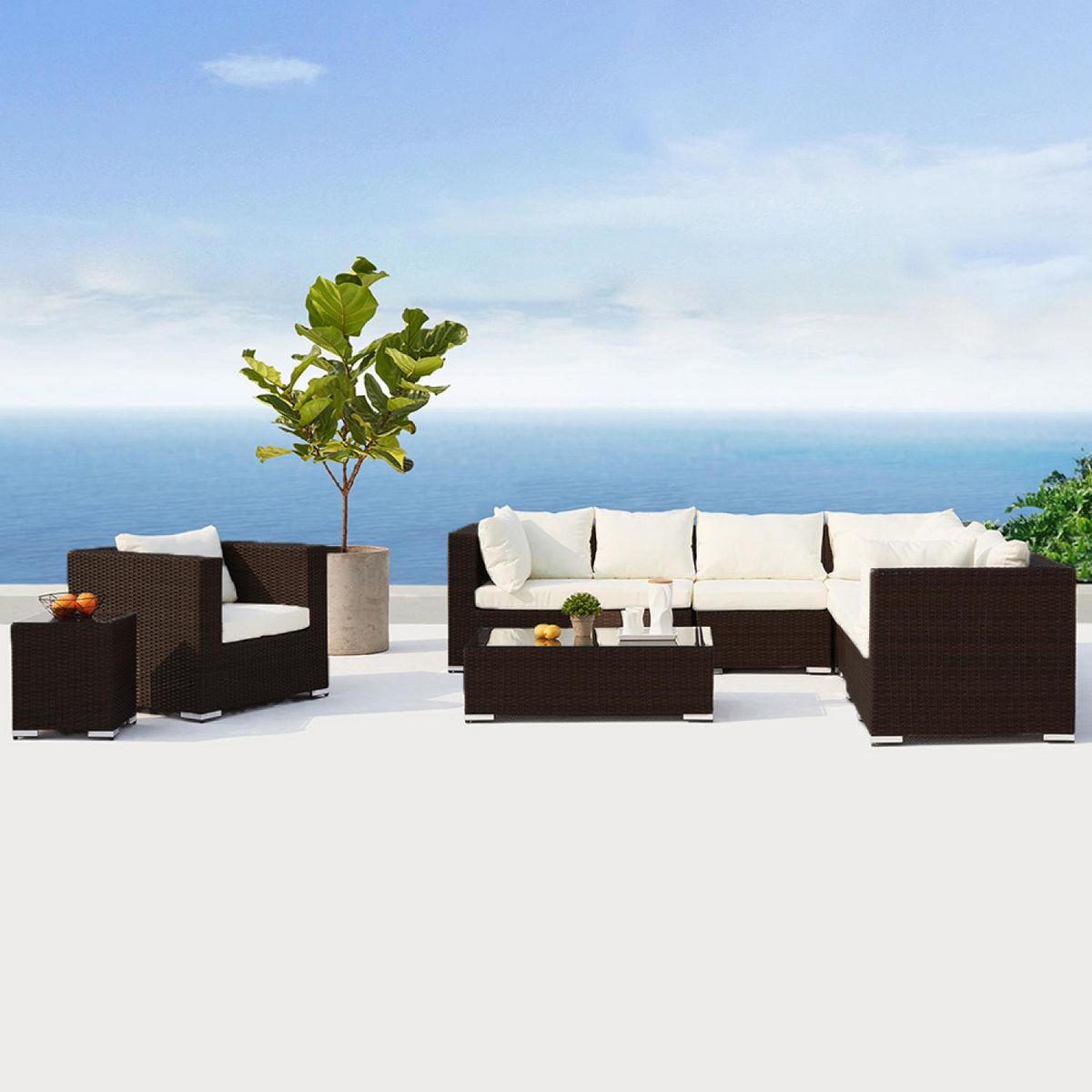 CONCEPT USINE salon de jardin panoramique 8 places en résine tressée marron et blanc SALENTO
