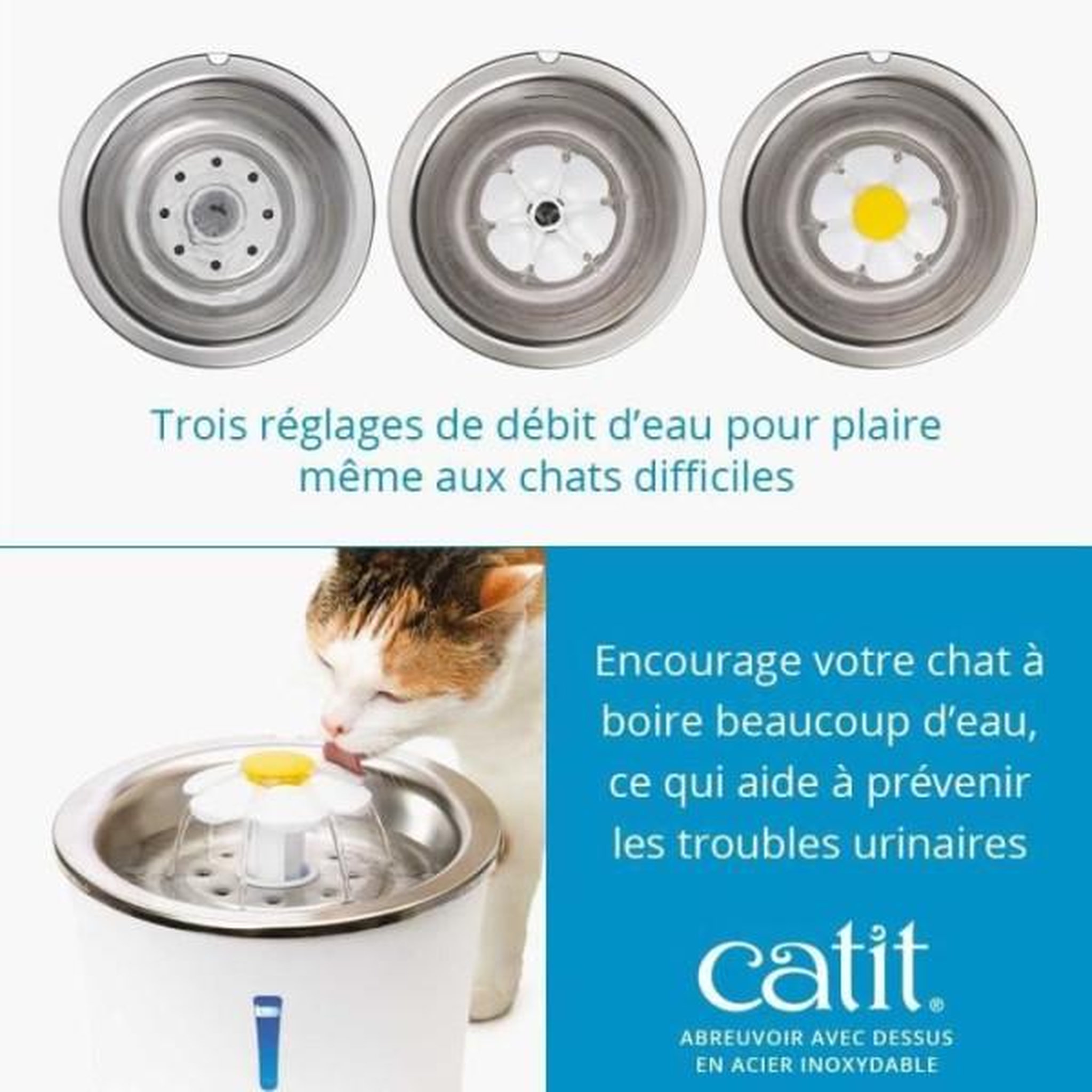 Voir la diapositive 4 : MARKET24 Fontaine a eau pour chat a fleur - CATIT - Flower - 3L - Dessus en acier inoxydable - Avec LED - Blanc