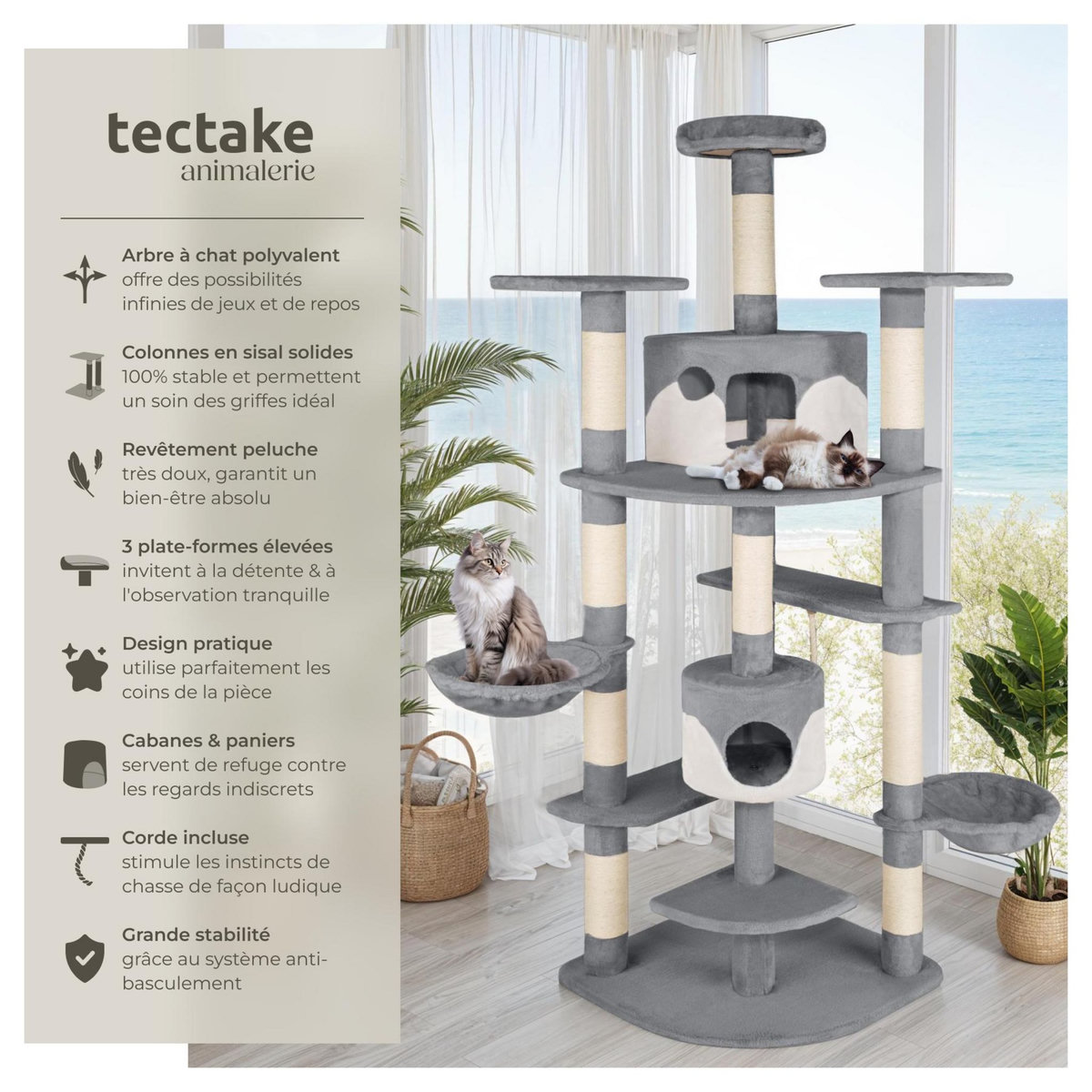 tectake Arbre à chat 201 cm avec griffoir et plateforme d'escalade gris/blanc