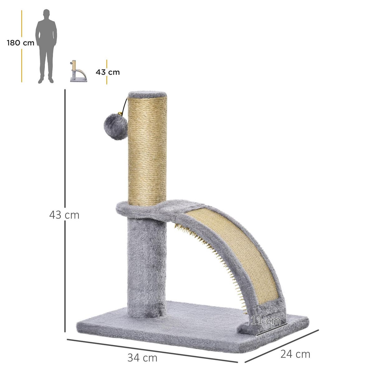 PAWHUT Arbre à chat griffoir grattoir design jeu boule suspendue + demi-arc de massage peluche jute naturelle gris