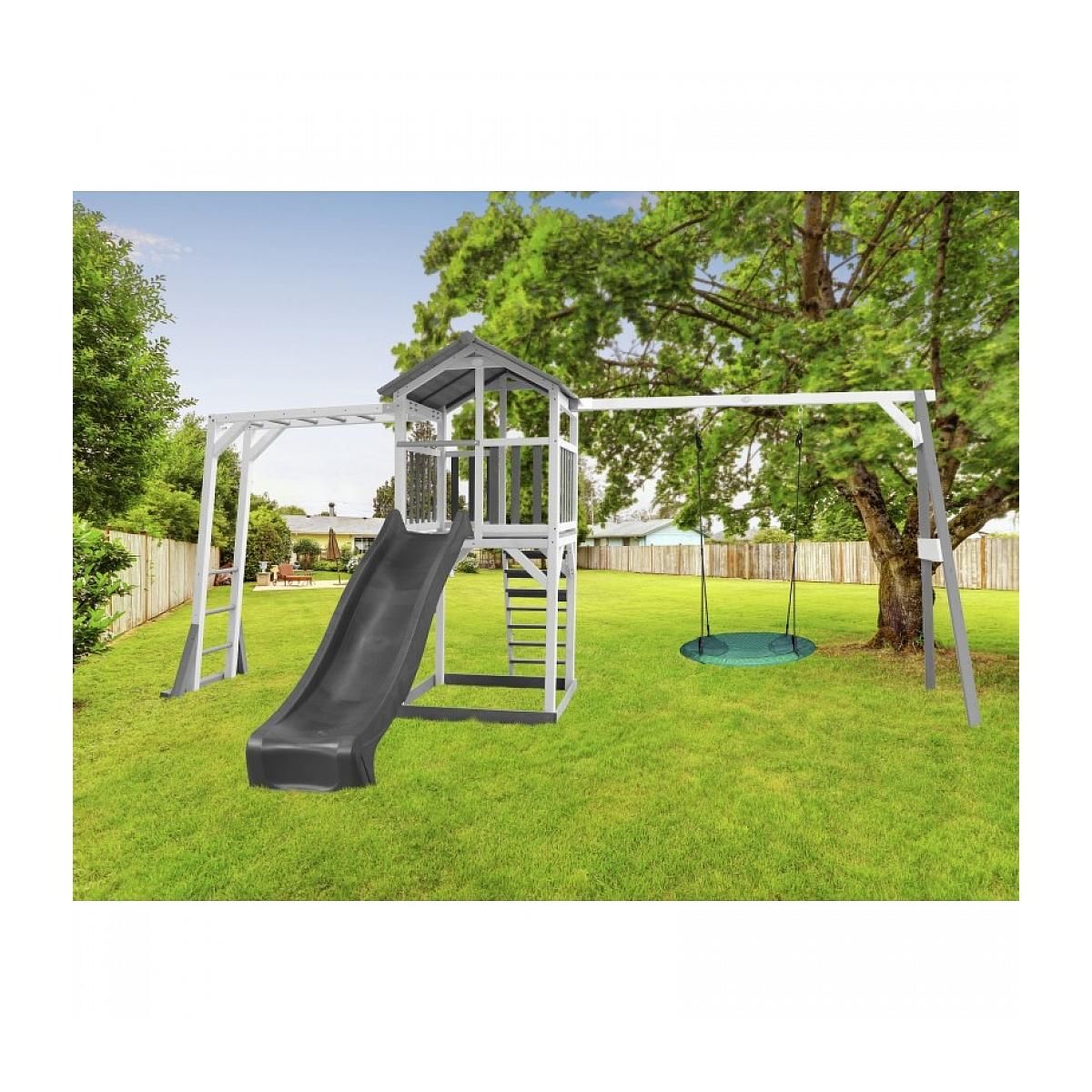 Axi House AXI Structure de jeu Beach Tower cadre escalade et balancoire Nid Summer Blanc Gris Toboggan Gris