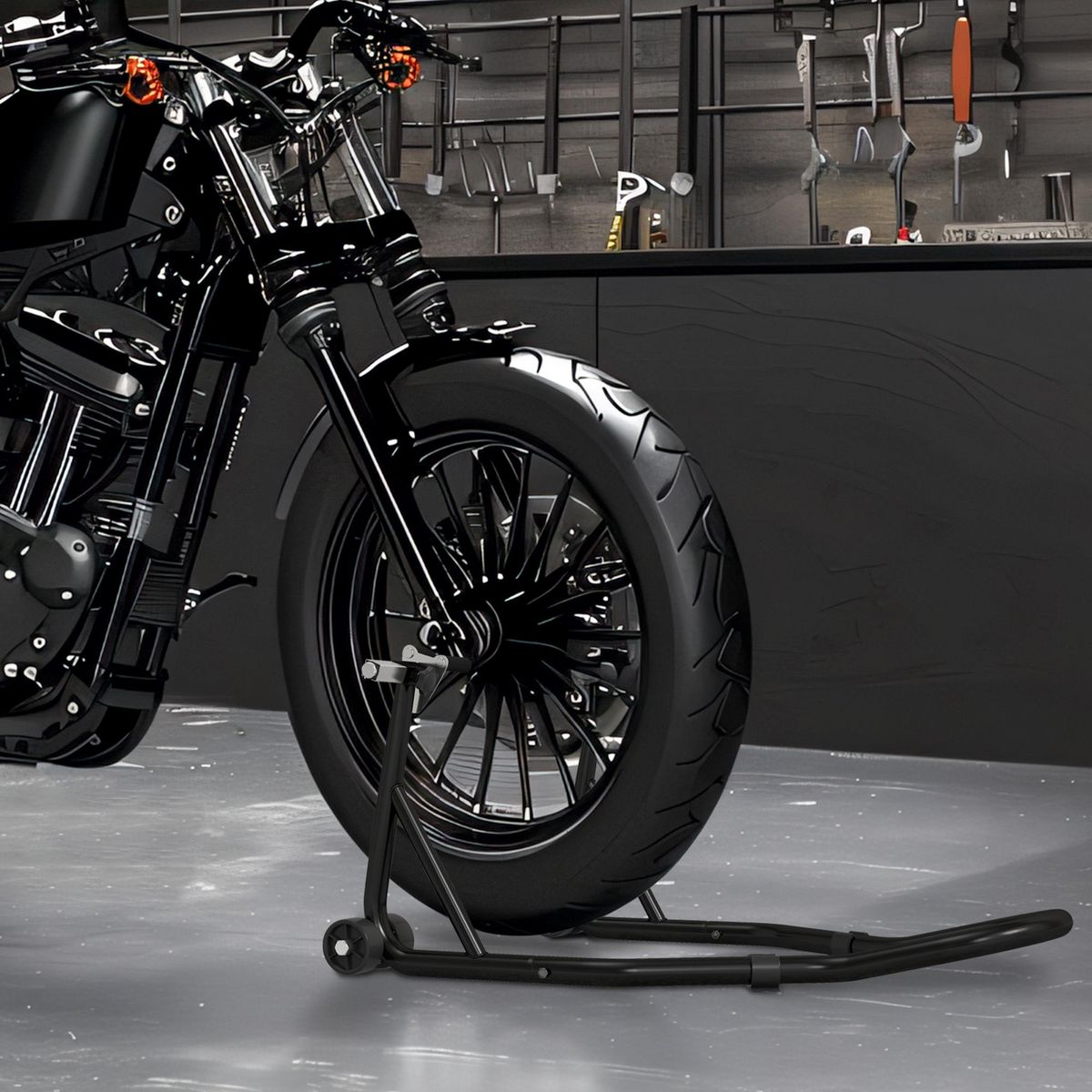 HOMCOM Béquille d'atelier moto avant leve moto support pour moto avec bras oscillant en U et en L, support universel de levage pour atelier en acier noir