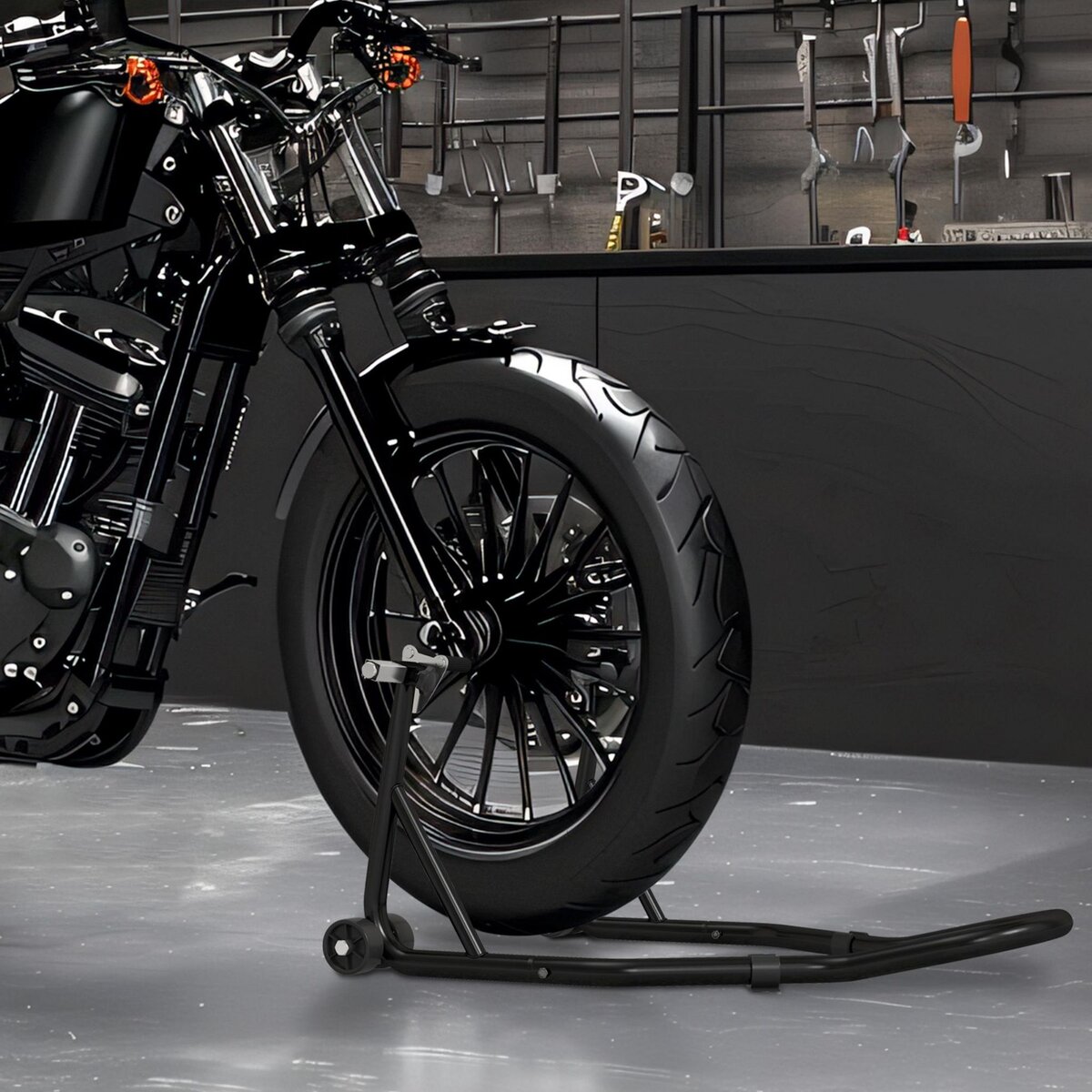 HOMCOM Béquille d'atelier moto avant leve moto support pour moto avec bras oscillant en U et en L, support universel de levage pour atelier en acier noir