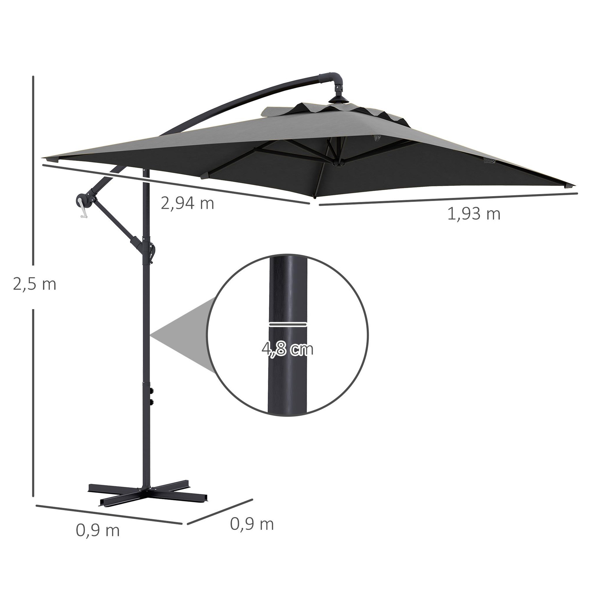 Voir la diapositive 3 : OUTSUNNY Parasol déporté rectangulaire dim. 294L x 193l x 250H cm pied en croix gris