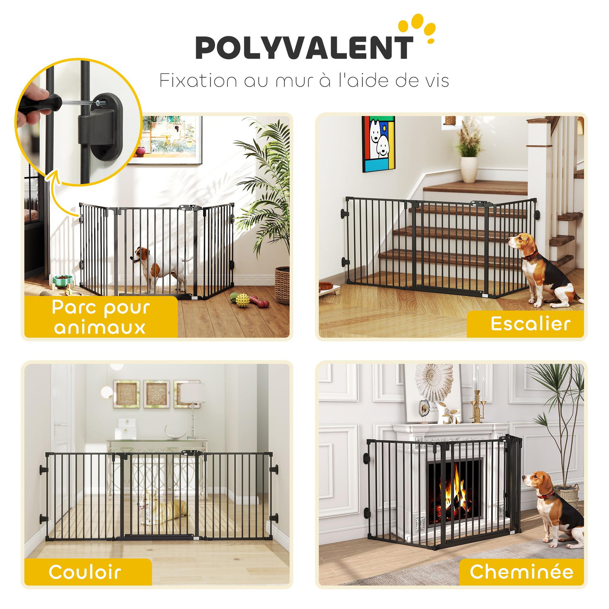 Voir la diapositive 4 : PAWHUT Barrière de sécurité chien pliable modulable 3 panneaux une porte dim. Max. L.202,5 x h.76 cm - acier noir