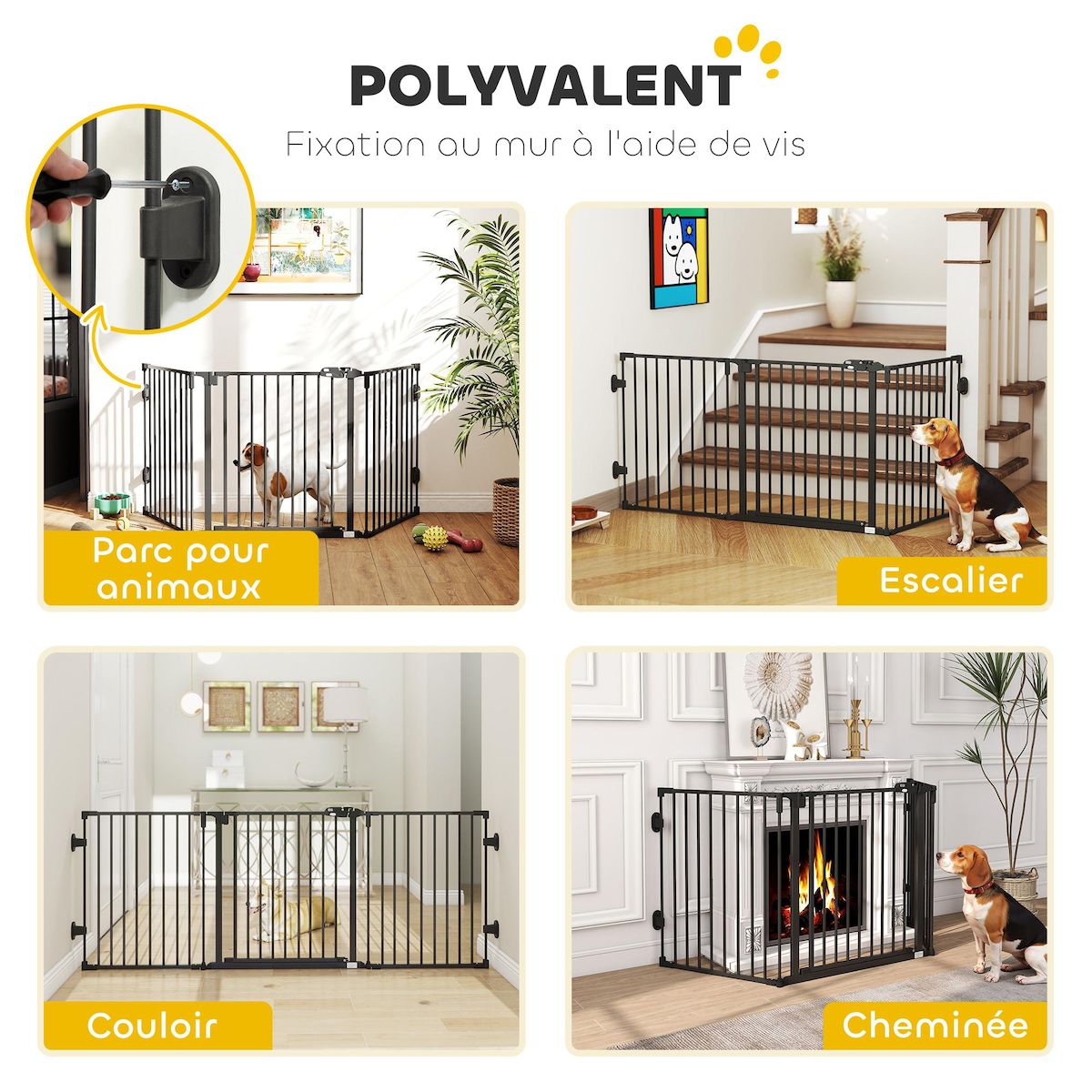 PAWHUT Barrière de sécurité chien pliable modulable 3 panneaux une porte dim. max. L.202,5 x H.76 cm - acier noir