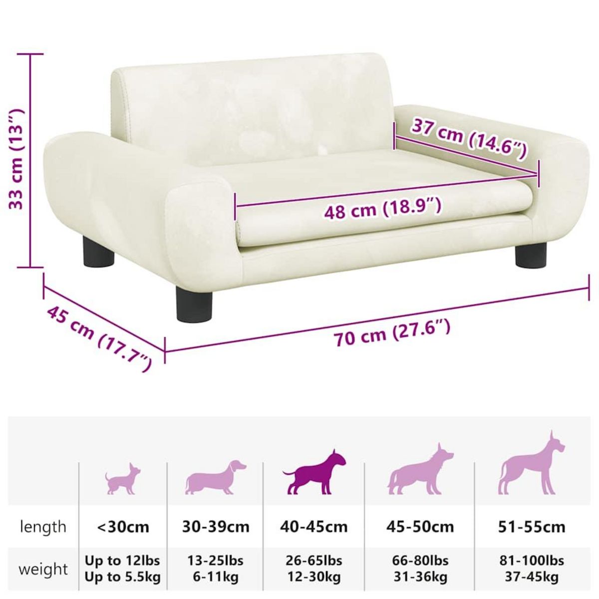 VIDAXL Lit pour chien creme 70x45x33 cm velours