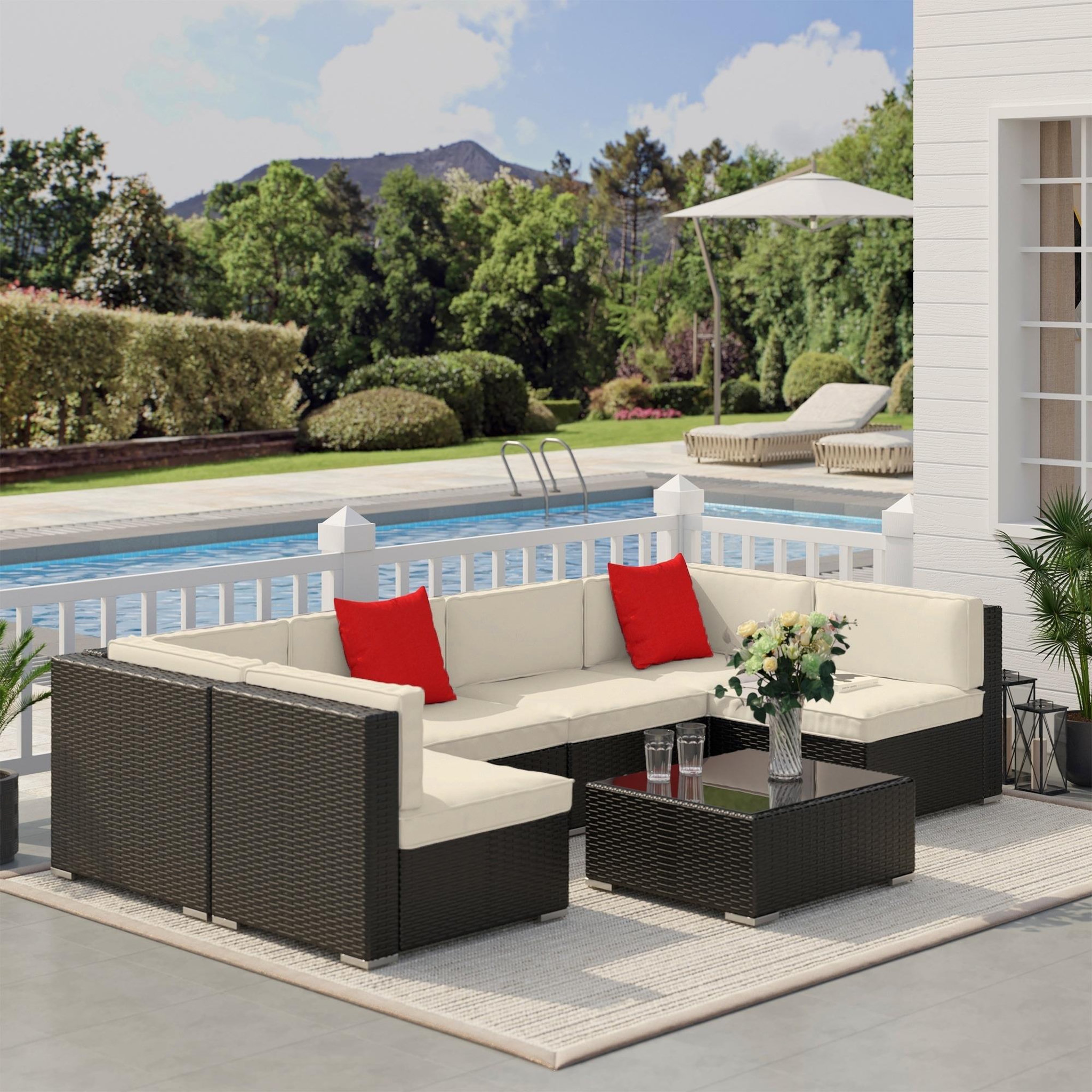 Voir la diapositive 2 : OUTSUNNY Ensemble salon de jardin 7 pièces modulables table basse plateau verre trempé coussins déhoussables inclus résine tressée imitation rotin brun foncé