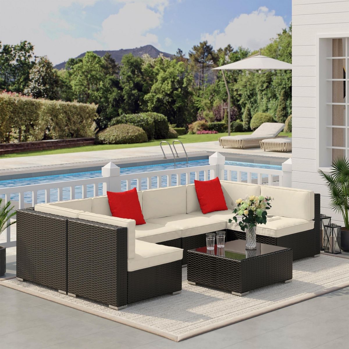 OUTSUNNY Ensemble salon de jardin 7 pièces modulables table basse plateau verre trempé coussins déhoussables inclus résine tressée imitation rotin brun foncé