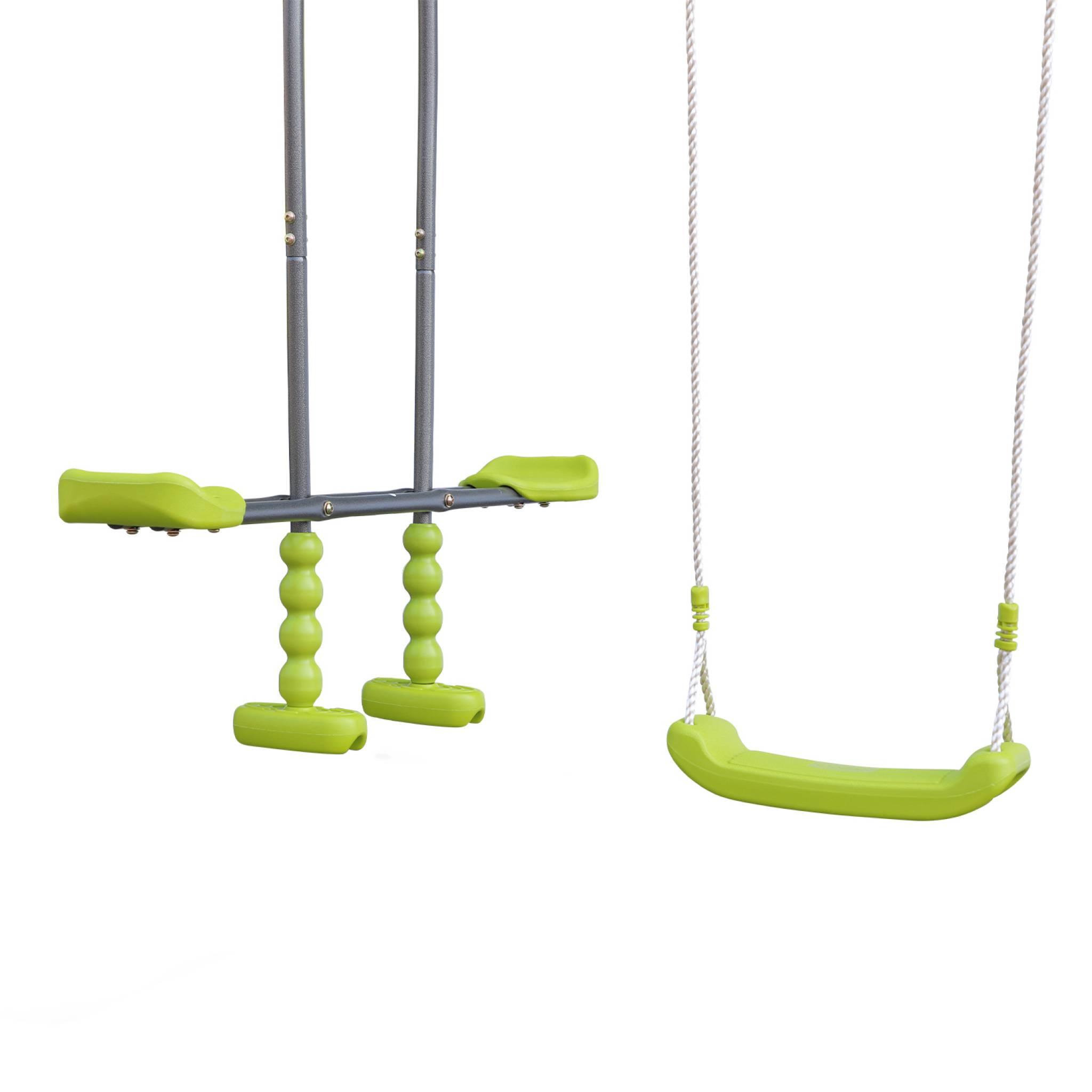Voir la diapositive 4 : SWEEEK Aire de jeux pour enfants verte acier et bois. toboggan. bac à sable. mur d'escalade. trébuchet. plateforme cabane GALERNE