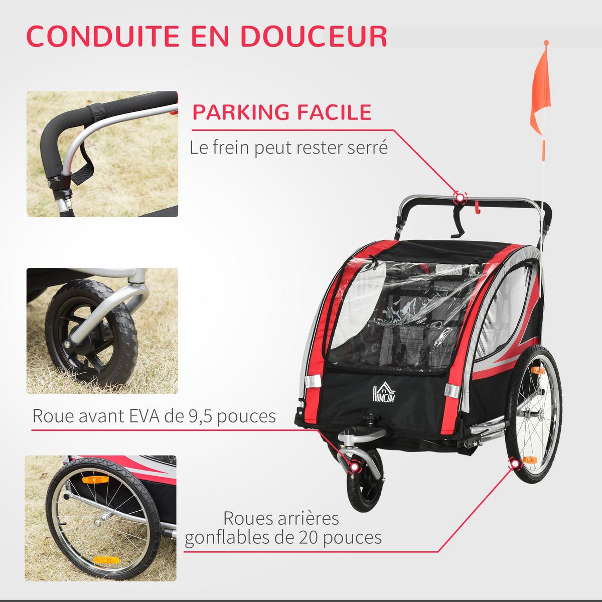 HOMCOM Remorque vélo jogger 2 en 1 pour enfant drapeau roue avant pivotante réflecteurs et barre d'attelage inclus rouge noir