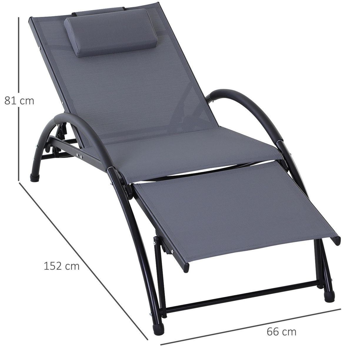 OUTSUNNY Bain de soleil transat design contemporain inclinable multi-positions repose-pied réglable tétière incluse alu textilène gris