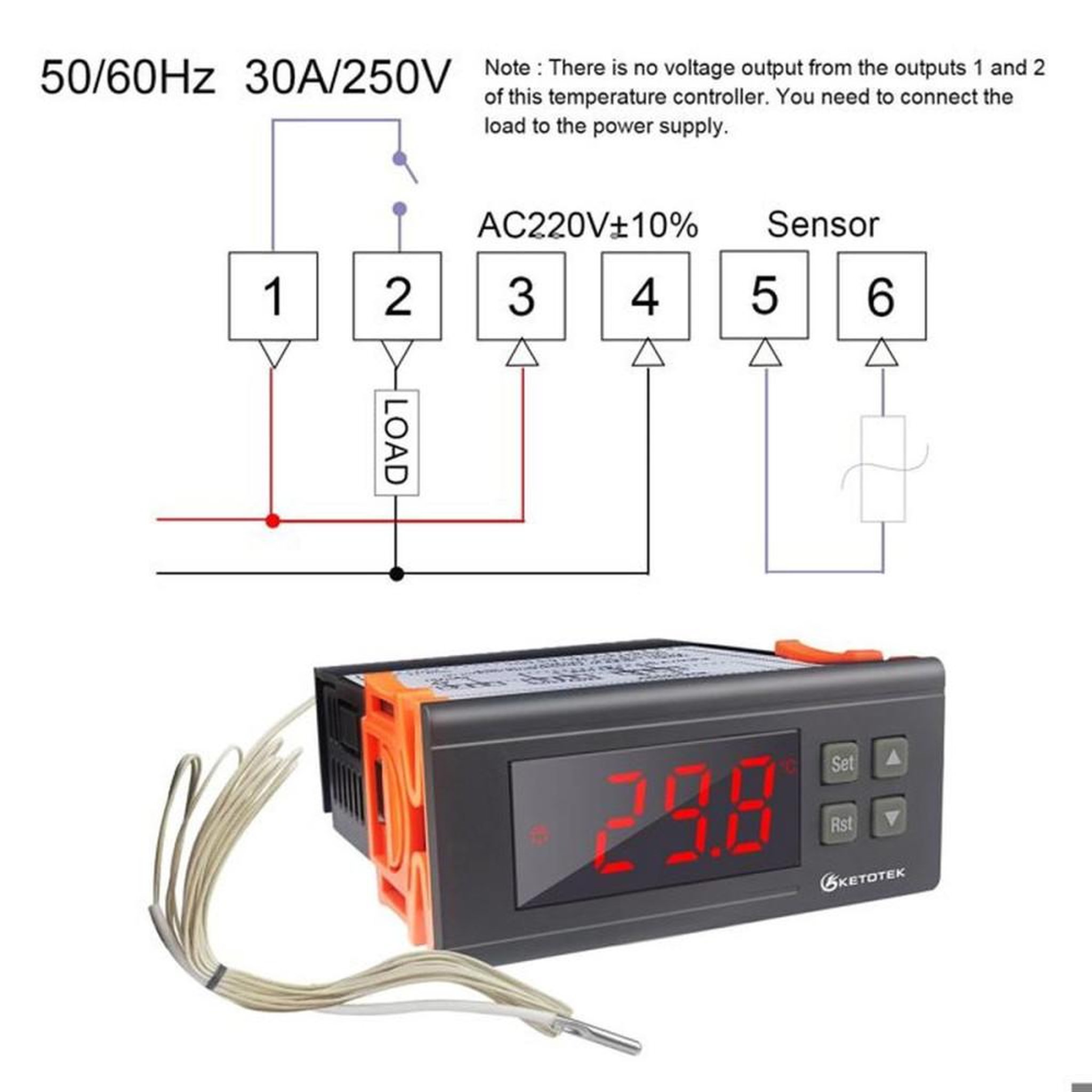 Voir la diapositive 2 : Thermostat régulateur digital avec sonde NTC 30°C à 300°C, affichage LED, précision ±1°C, 220V 30A