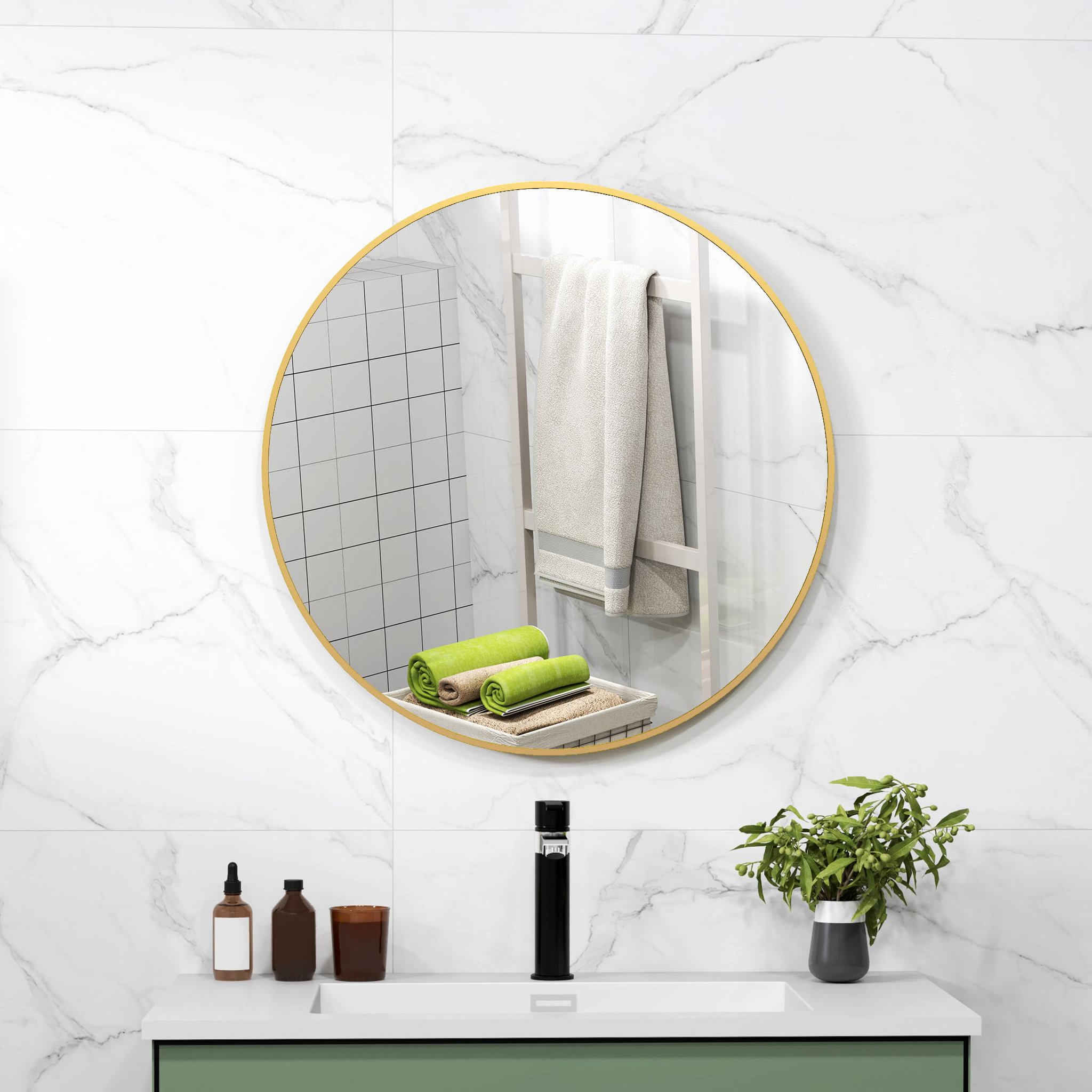 Voir la diapositive 4 : HOMCOM Miroir mural rond dia. 70 cm cadre métal doré