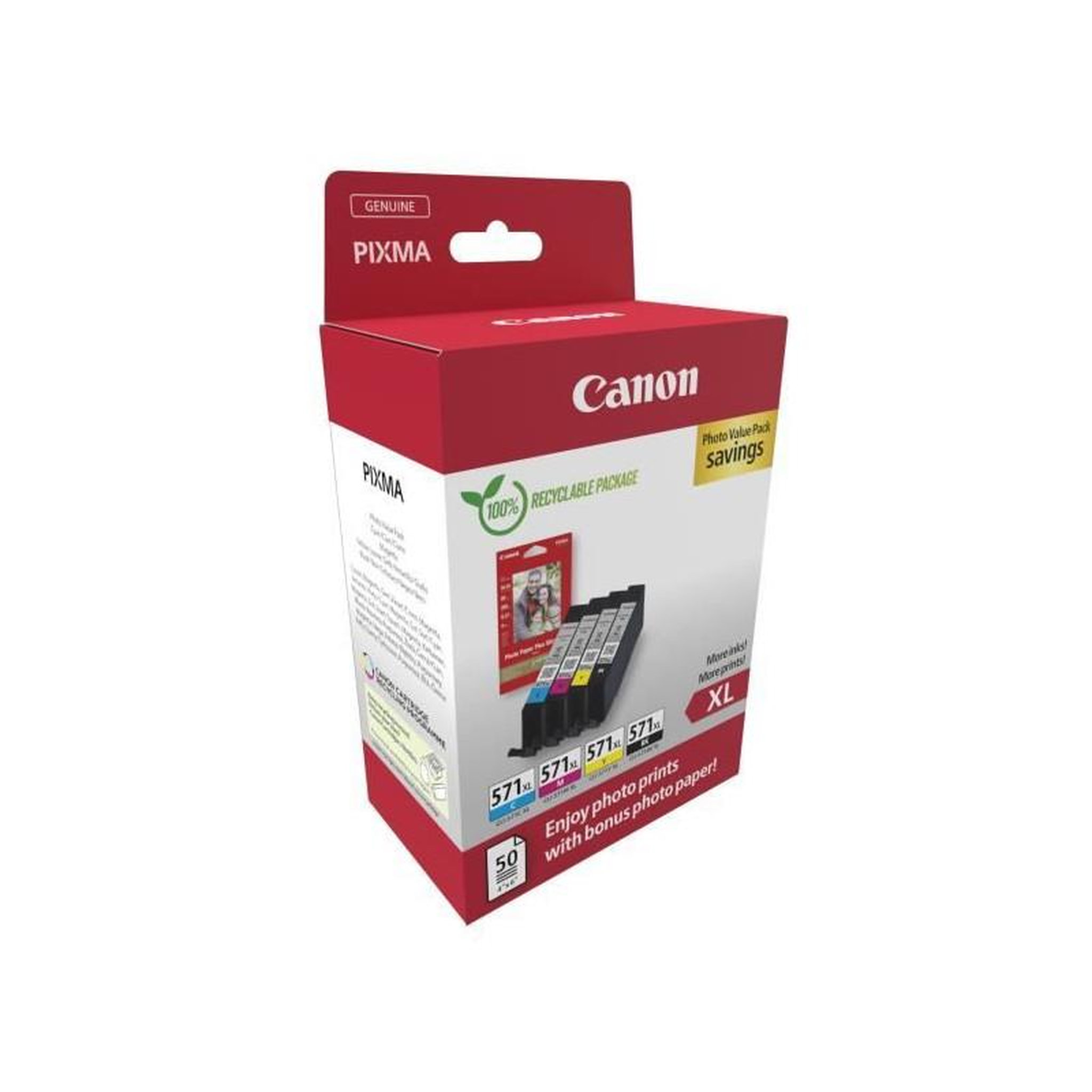 Voir la diapositive 2 : Canon Cartouches d'encre + pack papiers photo - CANON - CLI-571XL Noir/Cyan/Magenta/Jaune - Haut rendement