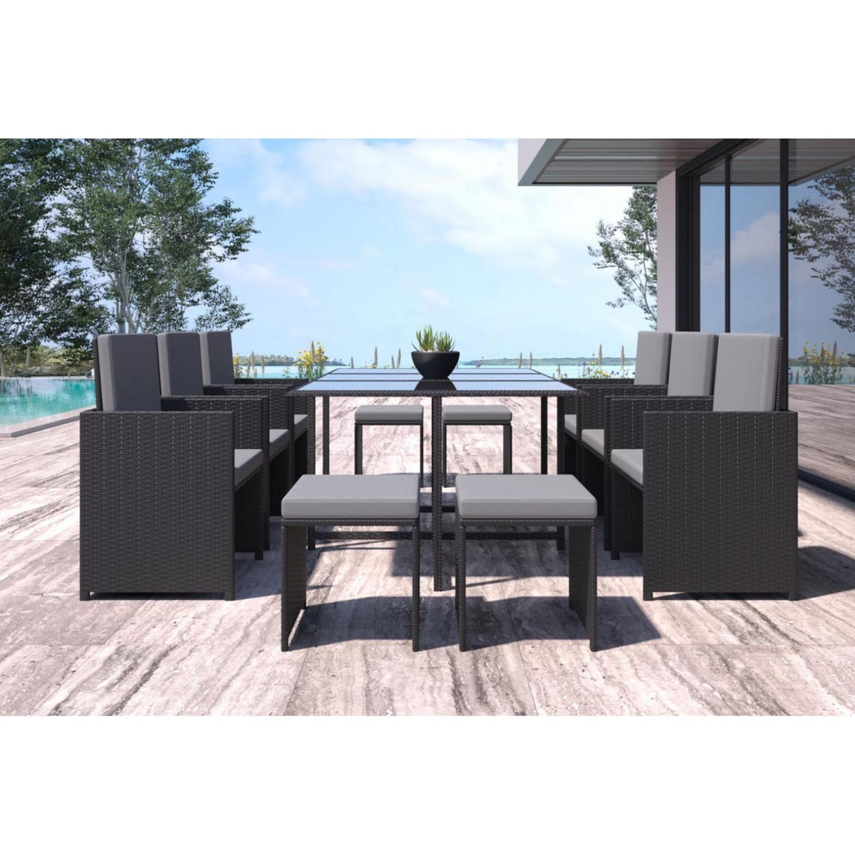 CONCEPT USINE Table et chaises 10 places en résine tressée noir et gris FLORIDA