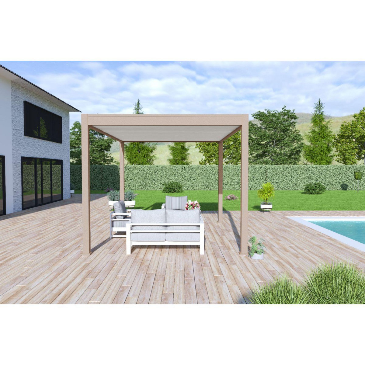 Pergola Bioclimatique autoportée 3X4 m - Aluminium - Beige agate/blanc -  VS OmBREA®